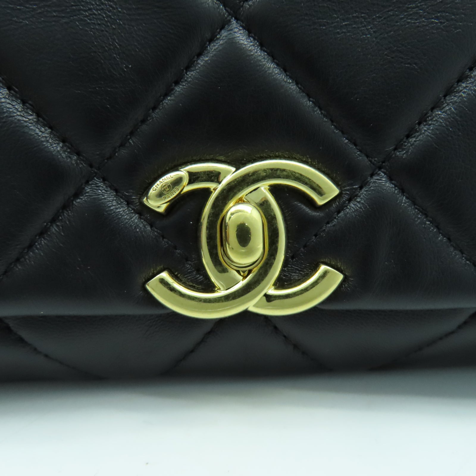 CHANEL 菱格羊皮皮革Chain Shoulder金扣鏈帶手挽肩背兩用袋黑色