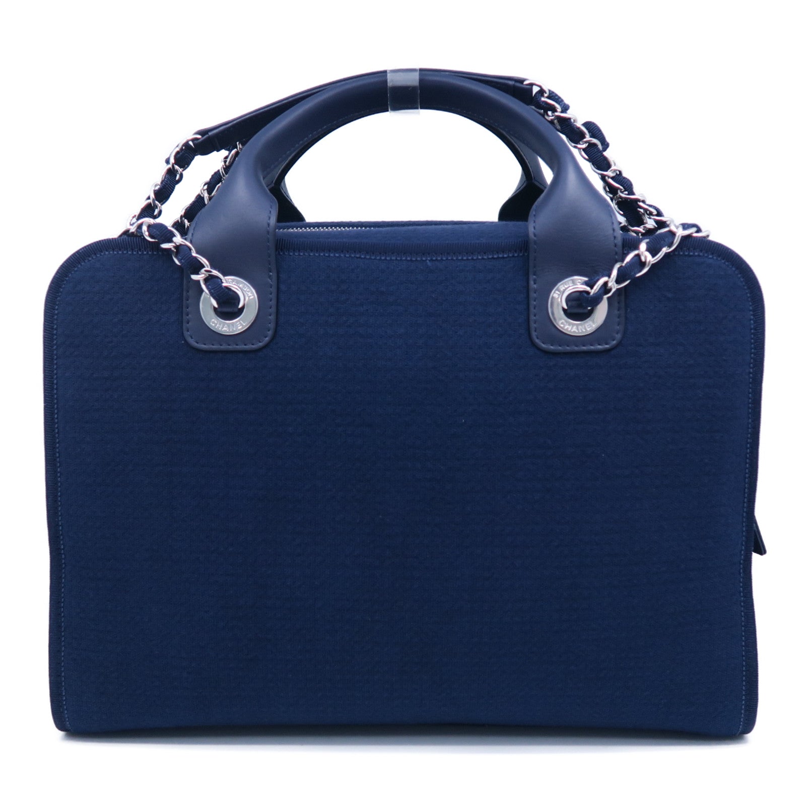 CHANEL 帆布Deauville Bowling Bag銀扣手挽肩背兩用袋深藍色