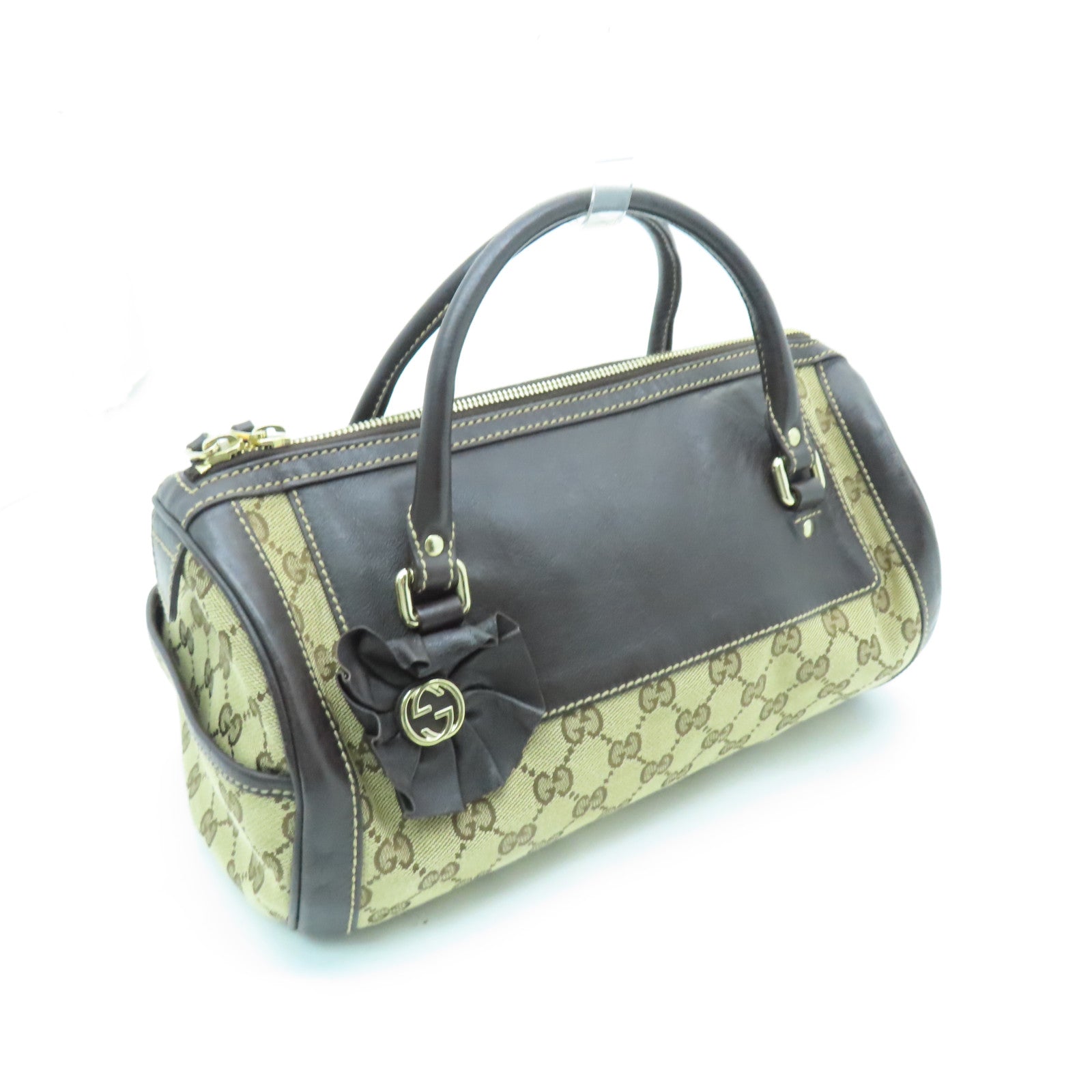 GUCCI canvas Hand Bag gold buckle handle bag brown