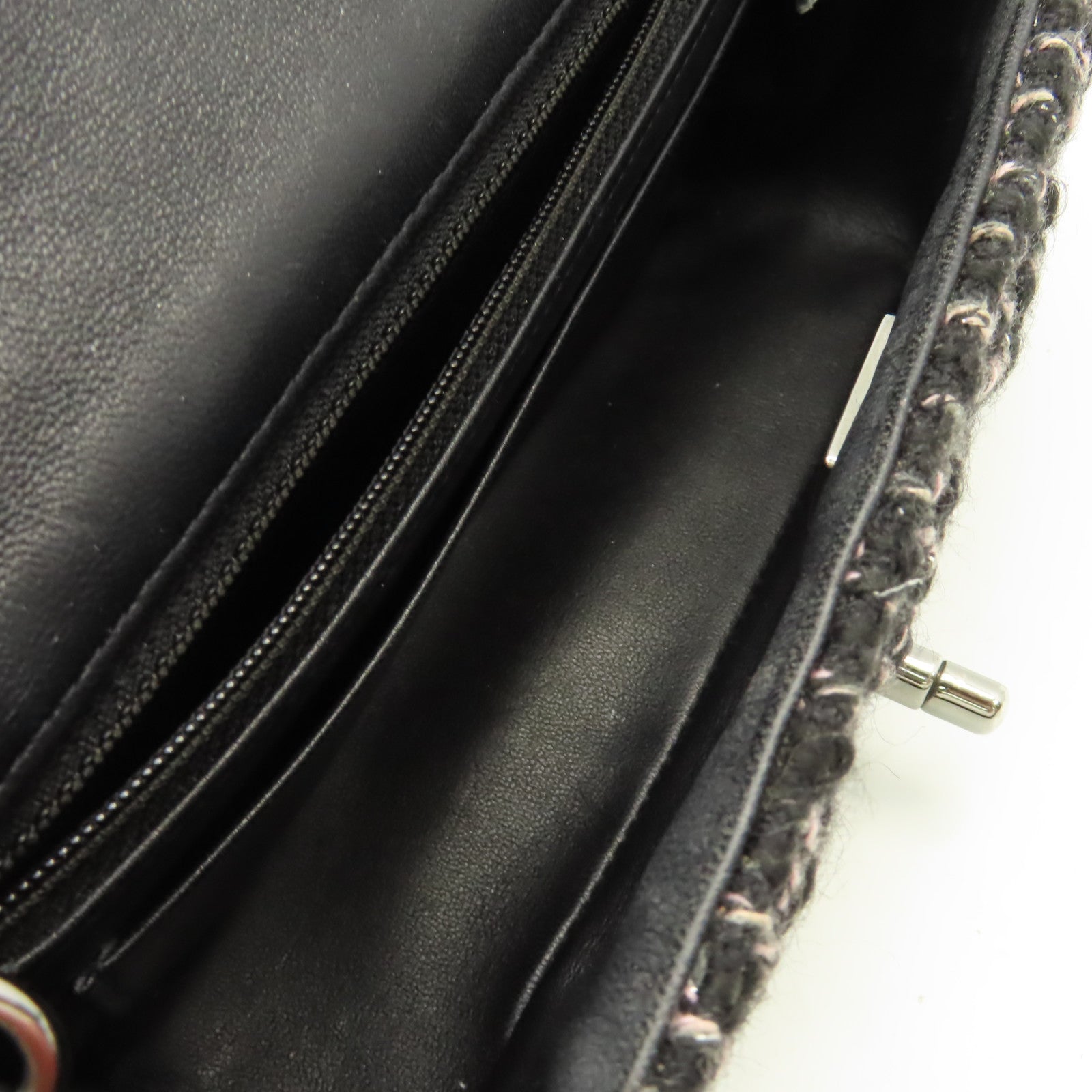 CHANEL 菱格斜紋軟呢Mini Flap Chain Shoulder Bag銀扣鏈帶肩背袋黑色/粉紅色