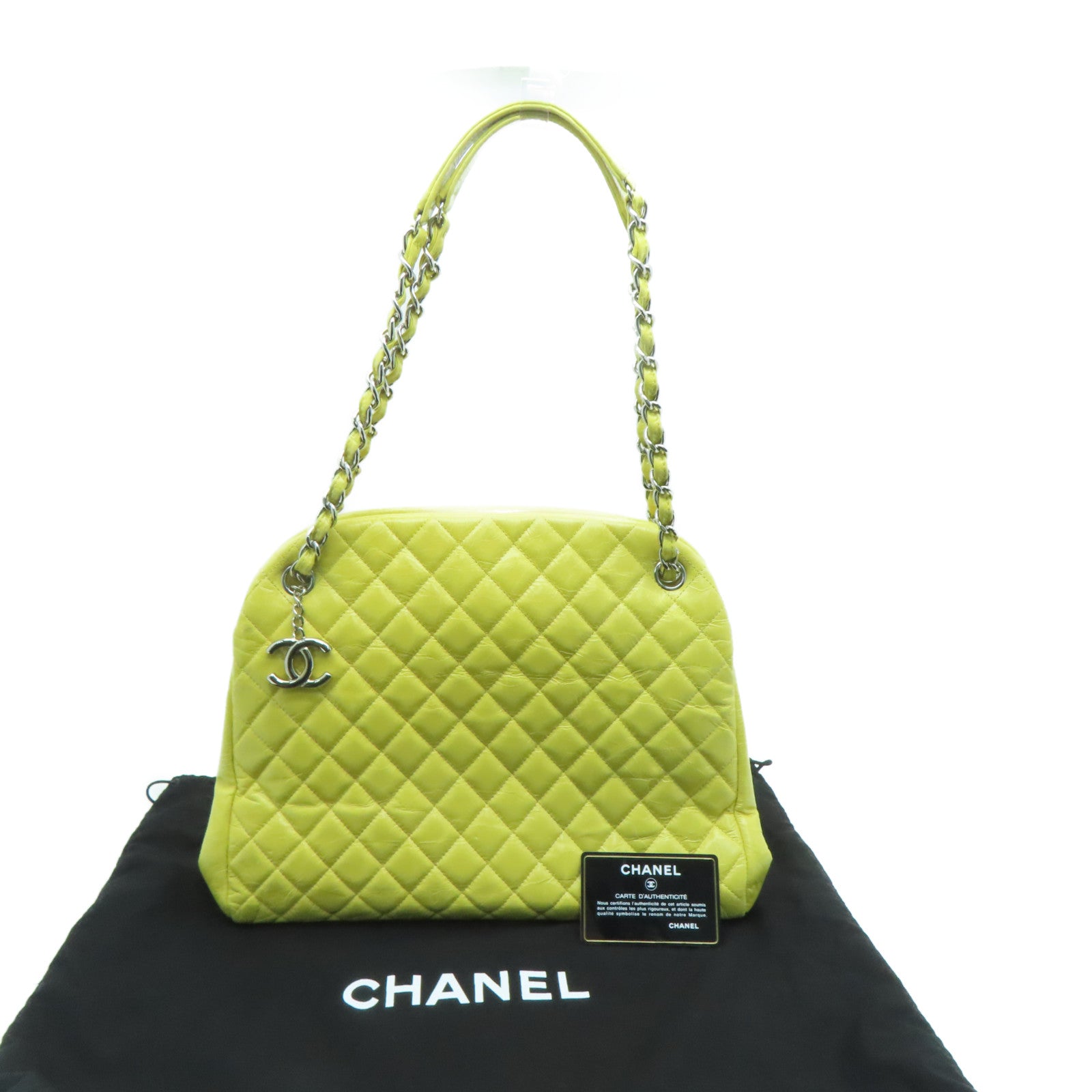 CHANEL 菱格牛皮皮革Chain Shoulder銀扣肩背袋黃色