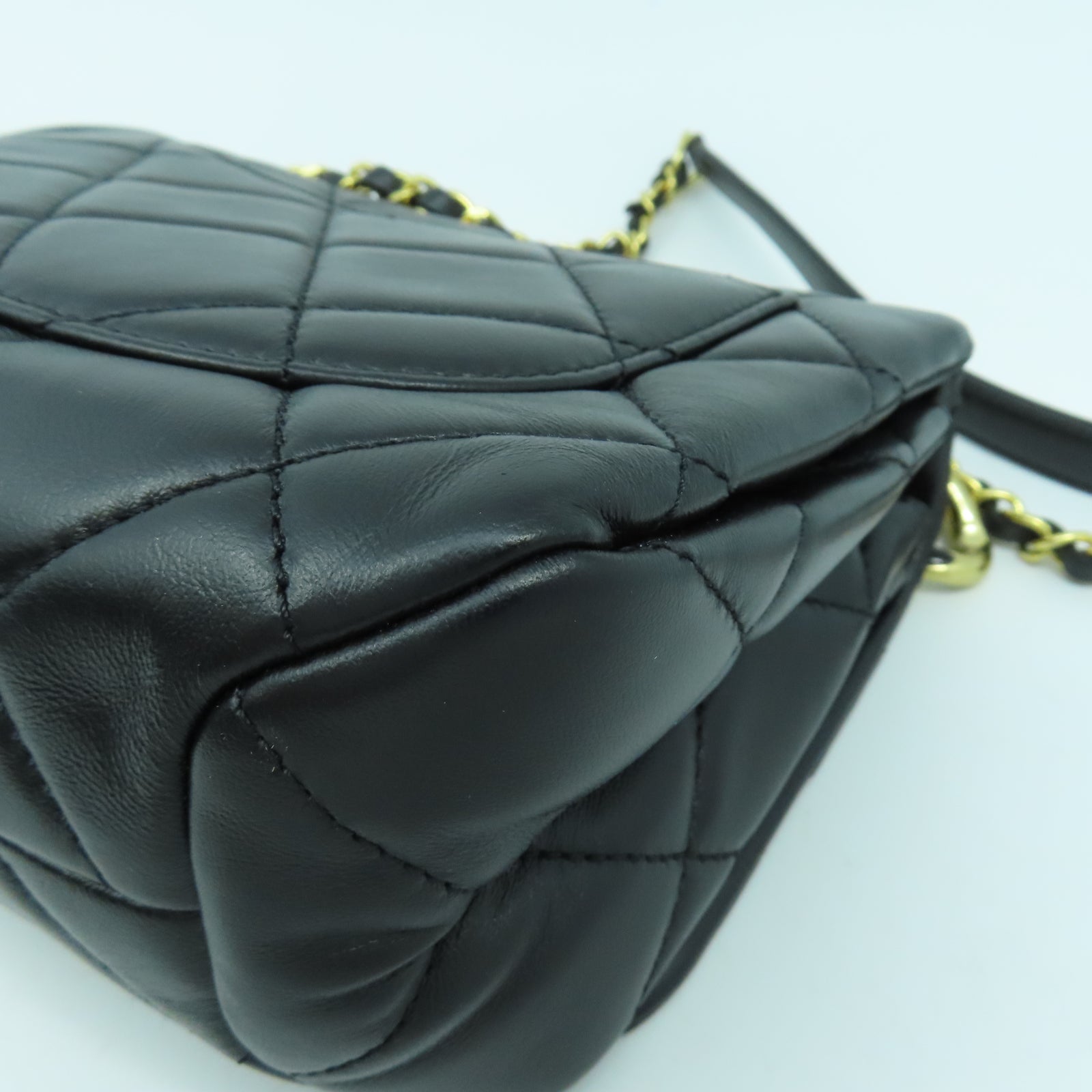 CHANEL 菱格羊皮皮革Chain Shoulder金扣鏈帶手挽肩背兩用袋黑色