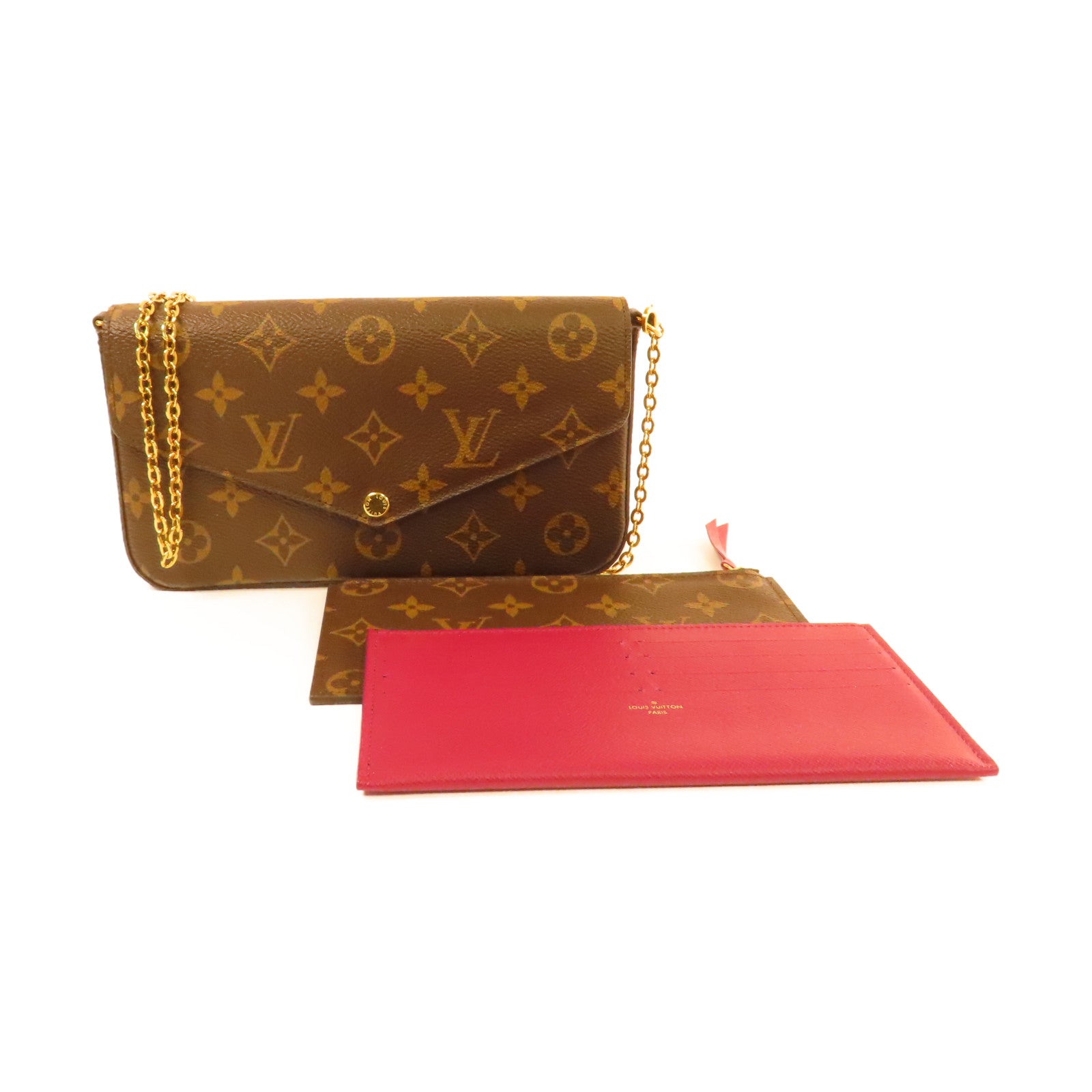 LOUIS VUITTON Monogram Felicie Pochette Chain Shoulder Bag金扣鏈帶肩背袋啡色