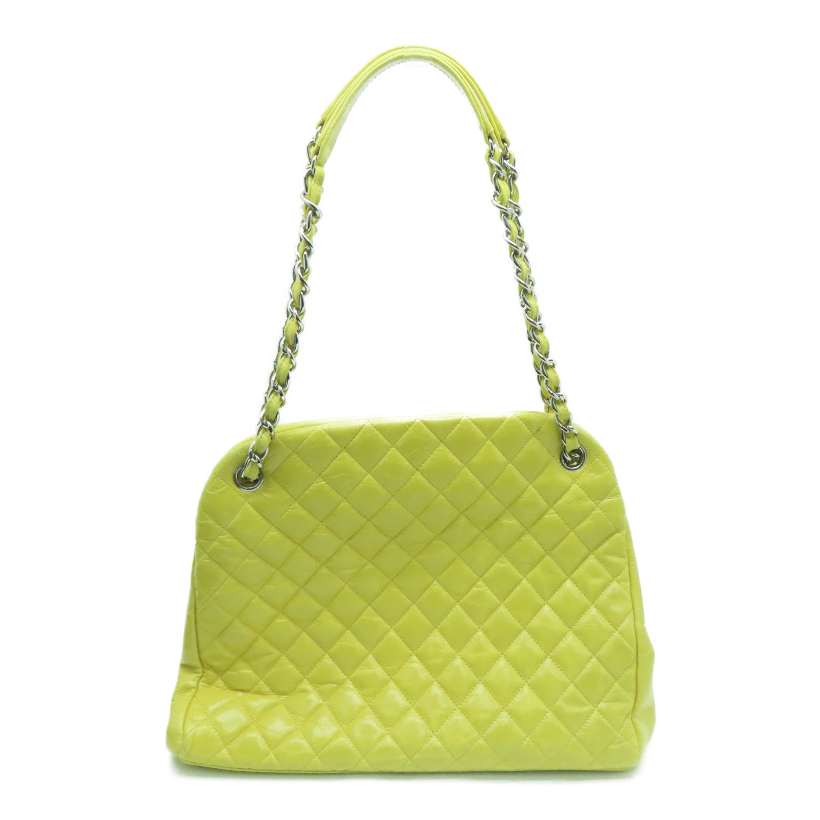 CHANEL 菱格牛皮皮革Chain Shoulder銀扣肩背袋黃色