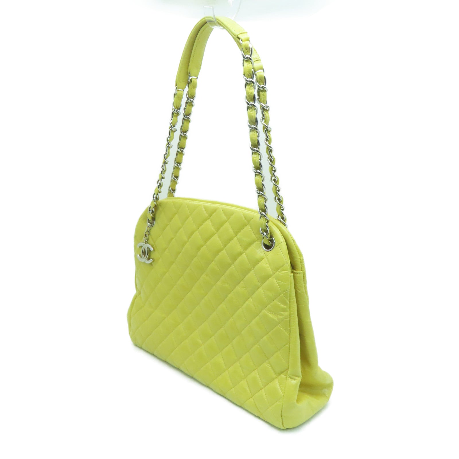 CHANEL 菱格牛皮皮革Chain Shoulder銀扣肩背袋黃色