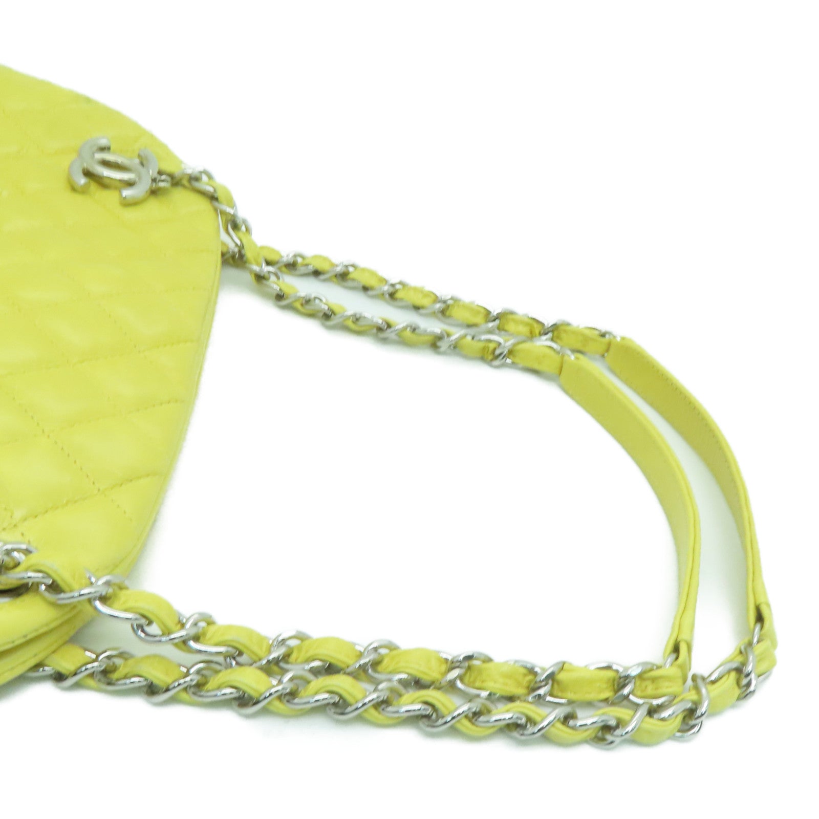 CHANEL 菱格牛皮皮革Chain Shoulder銀扣肩背袋黃色