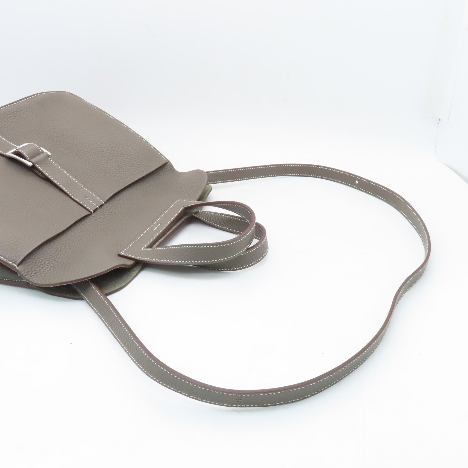 HERMES Clemence Leather Halzan 31 Silver Buckle Handle Shoulder Bag Brown