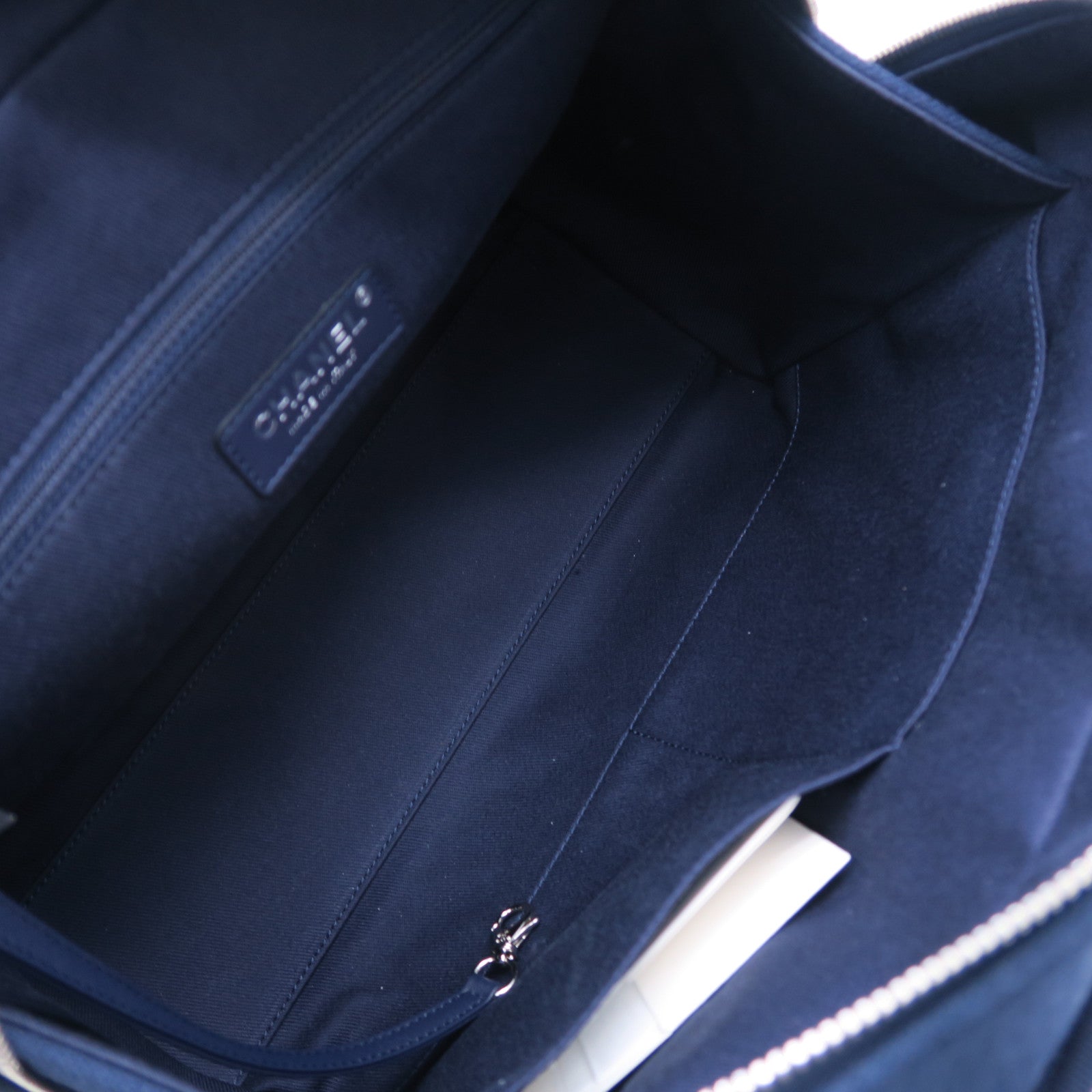 CHANEL 帆布Deauville Bowling Bag銀扣手挽肩背兩用袋深藍色