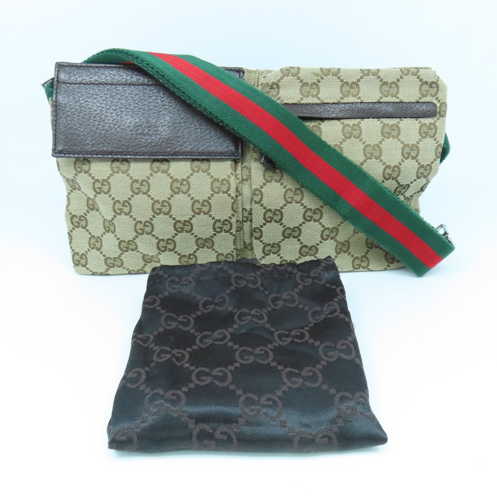 GUCCI 帆布Belt Bag銀扣腰包啡色