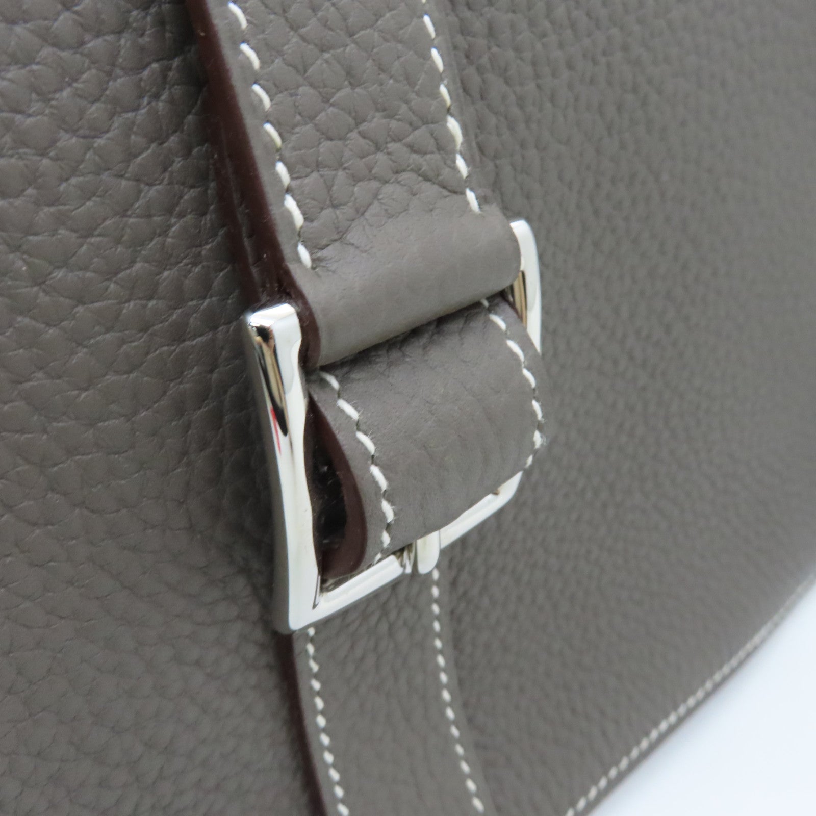 HERMES Clemence Leather Halzan 31 Silver Buckle Handle Shoulder Bag Brown