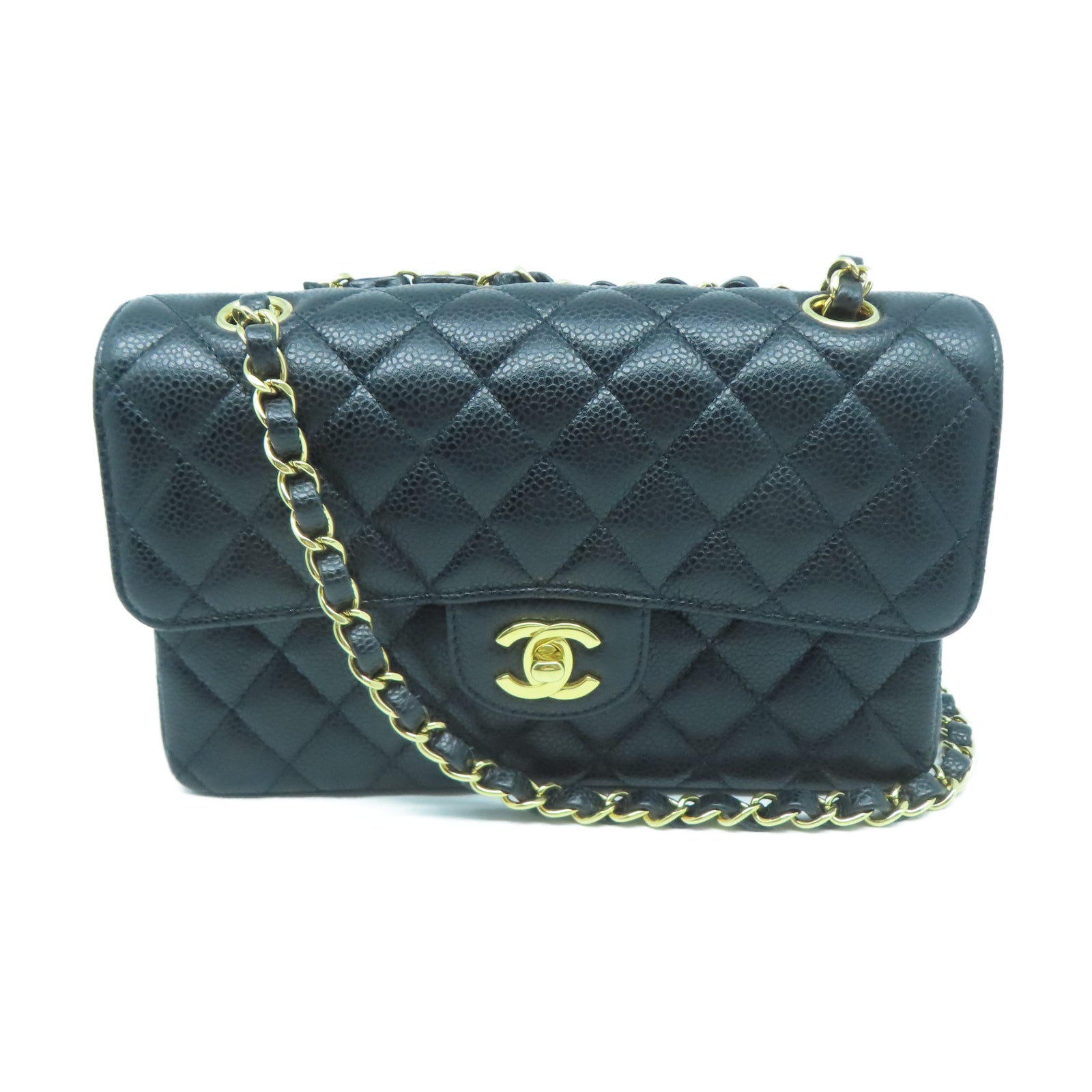 CHANEL 菱格Caviar皮革Chain Shoulder金扣鏈帶肩背袋黑色