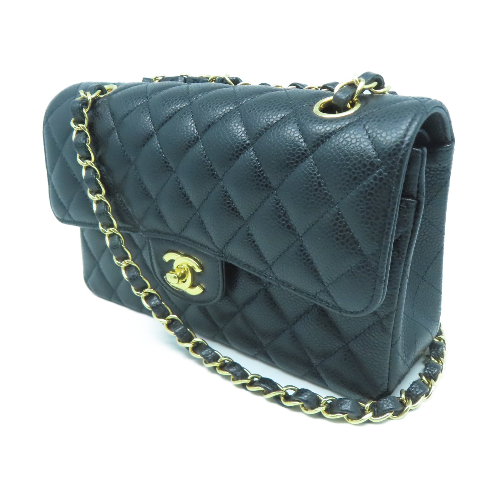 CHANEL 菱格Caviar皮革Chain Shoulder金扣鏈帶肩背袋黑色