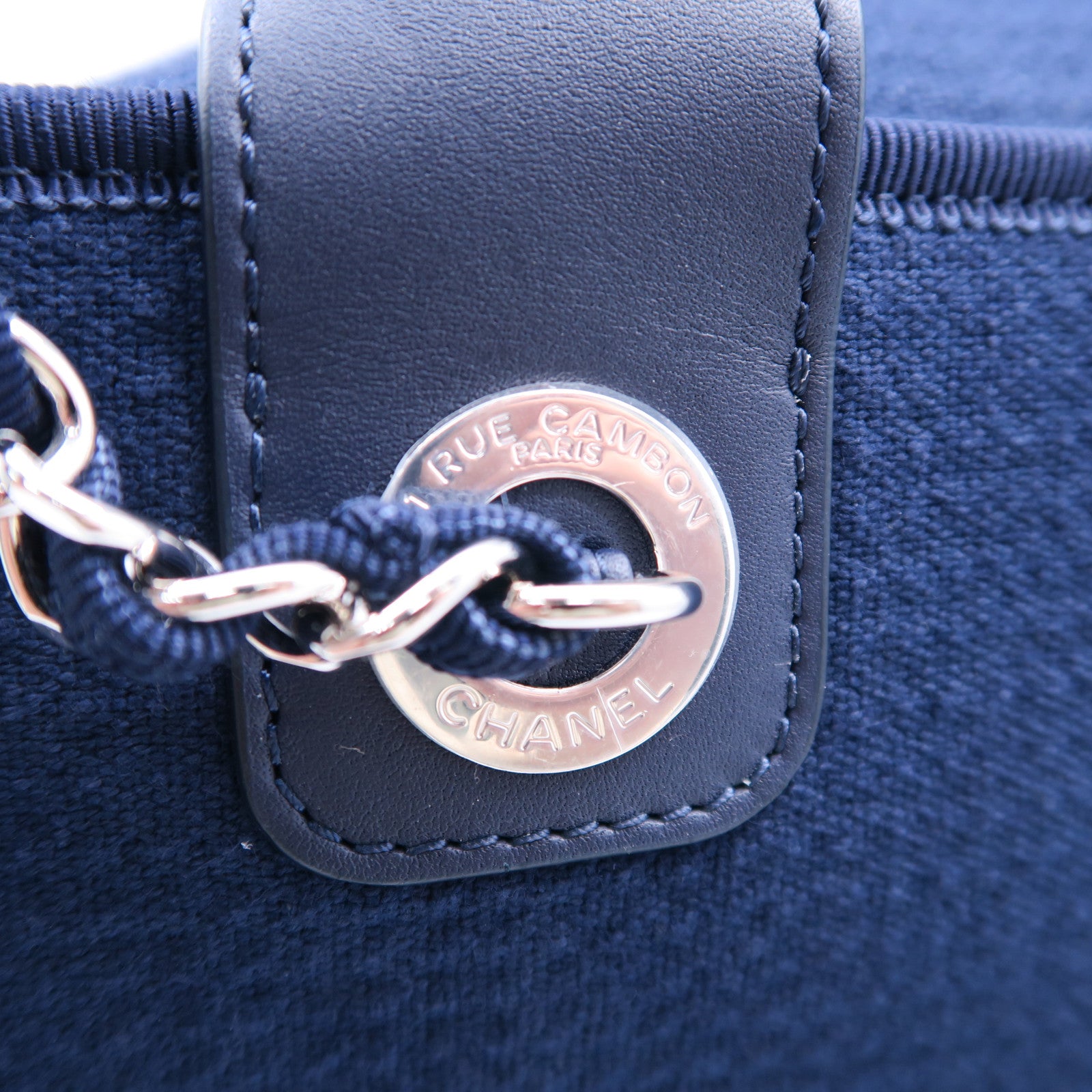 CHANEL 帆布Deauville Bowling Bag銀扣手挽肩背兩用袋深藍色