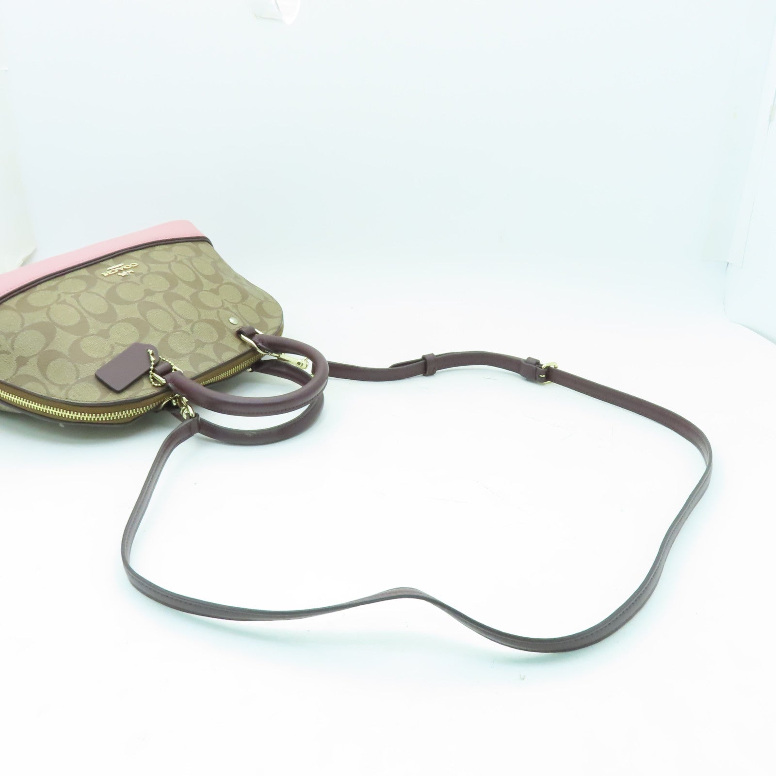 COACH 塗層帆布2 Way Shoulder金扣手挽肩背兩用袋啡色/粉紅色