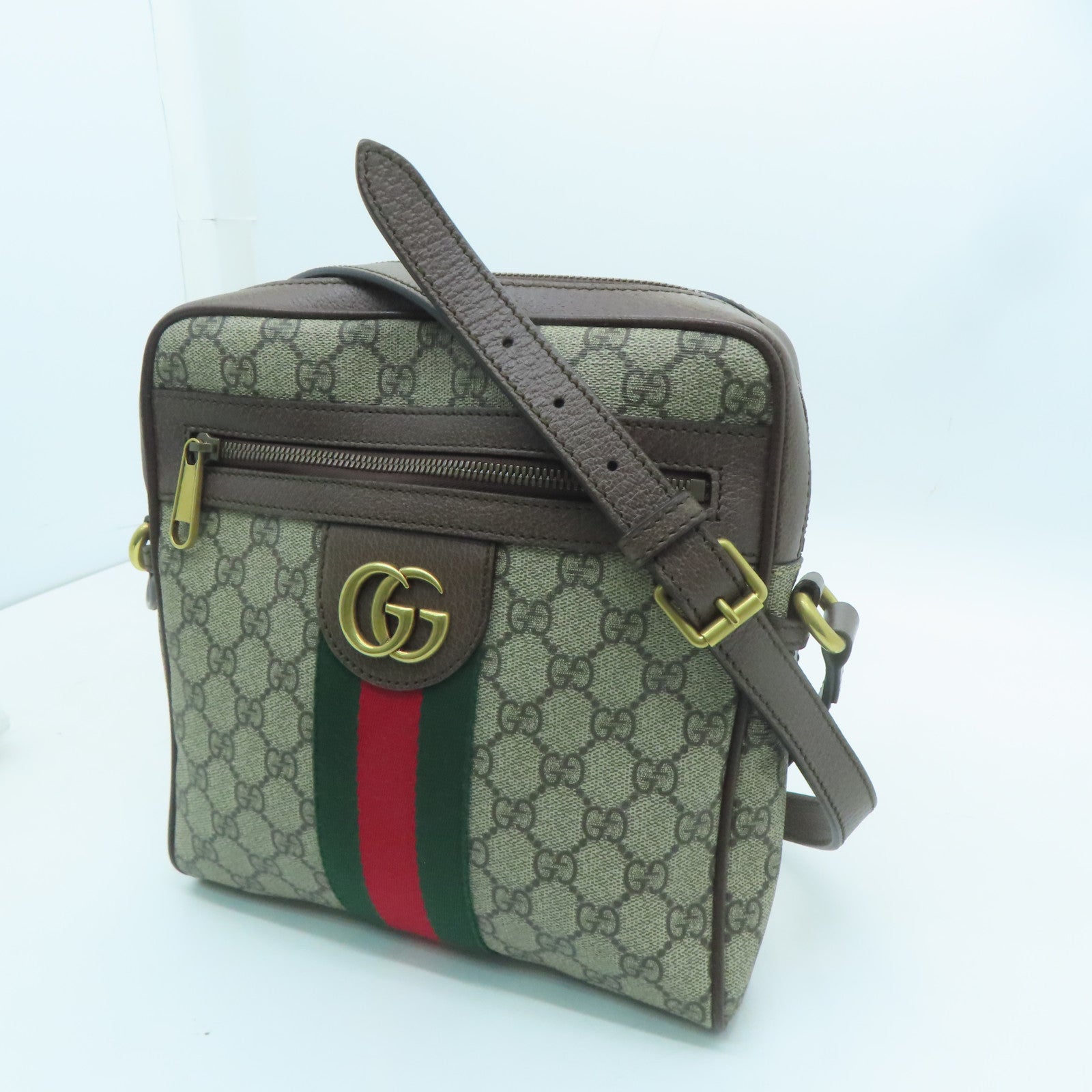 GUCCI Coated Canvas Ophidia GG Small Messenger Gold Buckle Shoulder Bag Brown