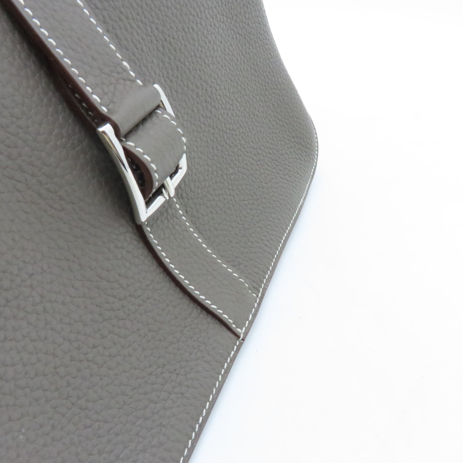 HERMES Clemence Leather Halzan 31 Silver Buckle Handle Shoulder Bag Brown