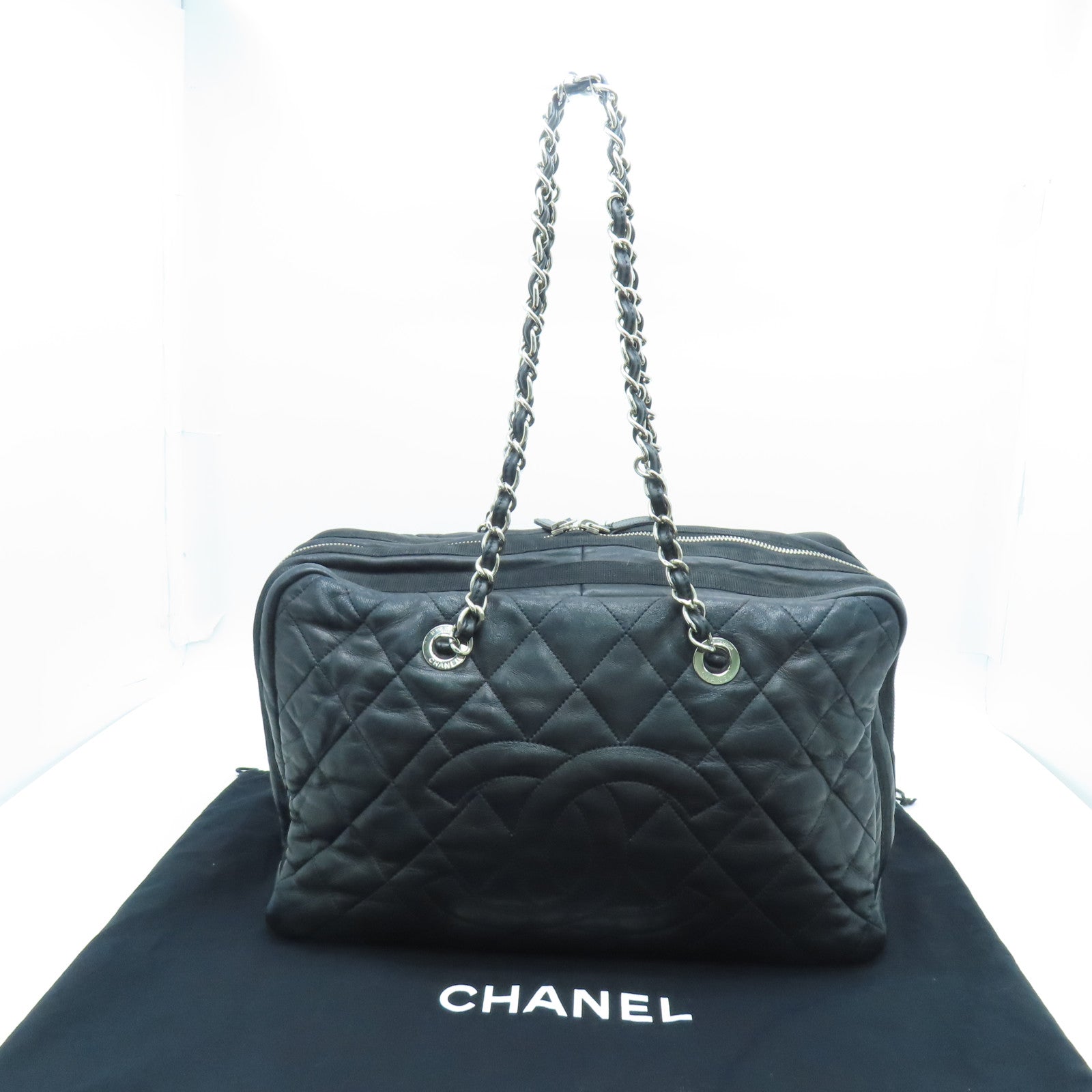 CHANEL 菱格牛皮皮革Chain Shoulder Bag銀扣鏈帶肩背袋黑色