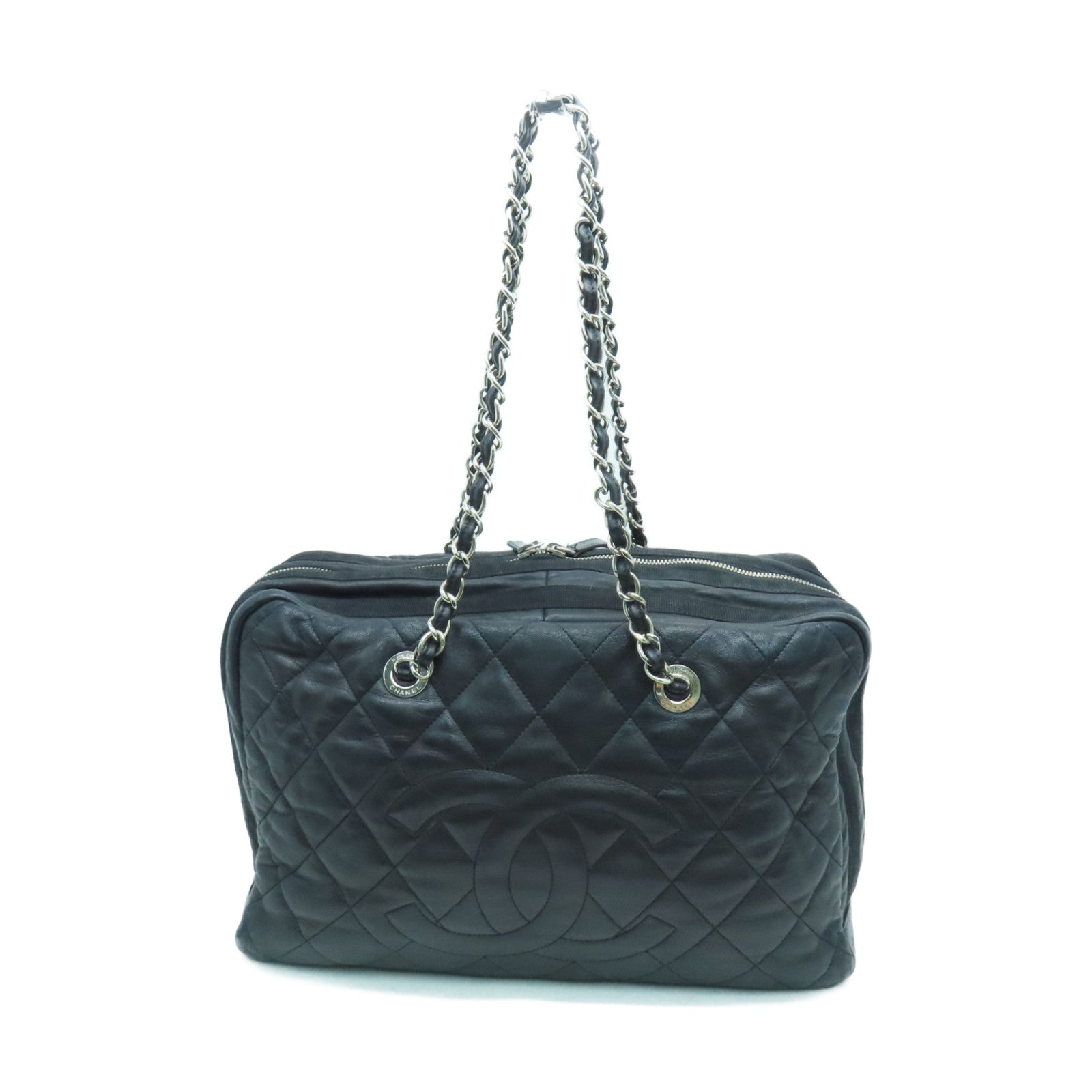 CHANEL 菱格牛皮皮革Chain Shoulder Bag銀扣鏈帶肩背袋黑色