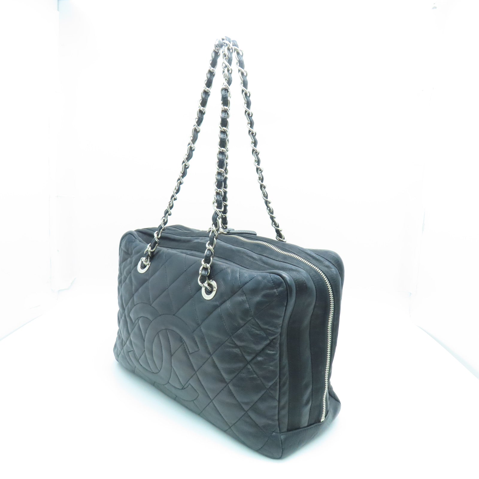 CHANEL 菱格牛皮皮革Chain Shoulder Bag銀扣鏈帶肩背袋黑色