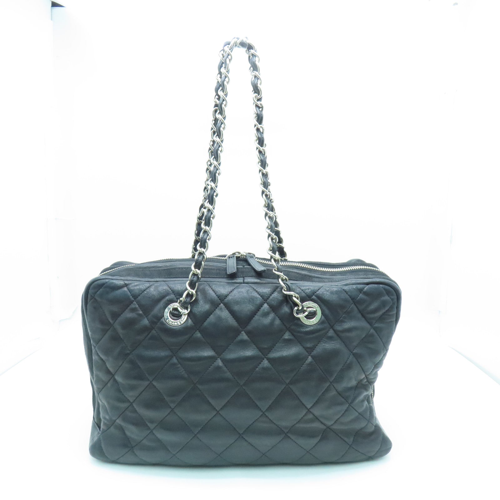 CHANEL 菱格牛皮皮革Chain Shoulder Bag銀扣鏈帶肩背袋黑色