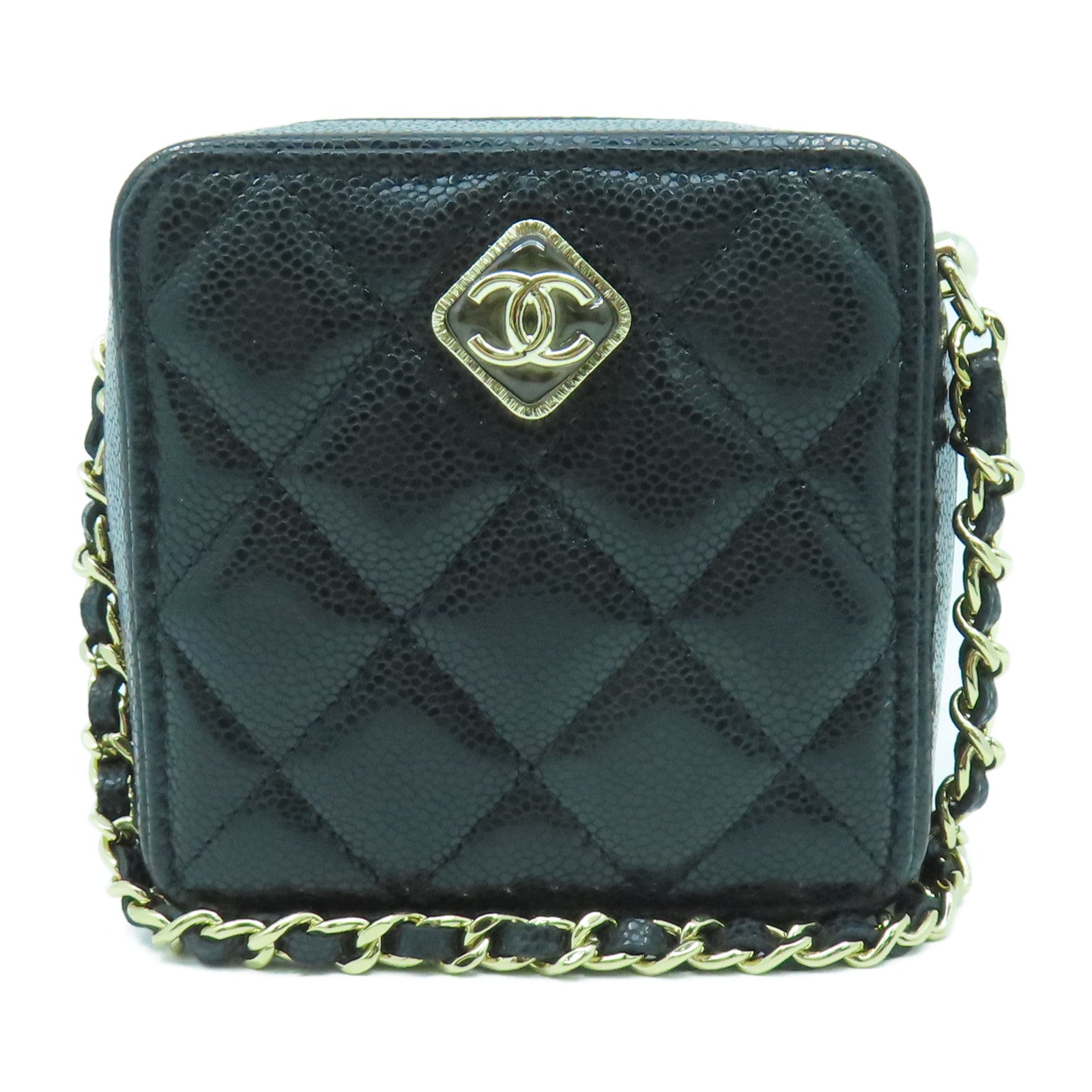 CHANEL 菱格Caviar皮革Mini Chain Shoulder金扣鏈帶肩背袋黑色