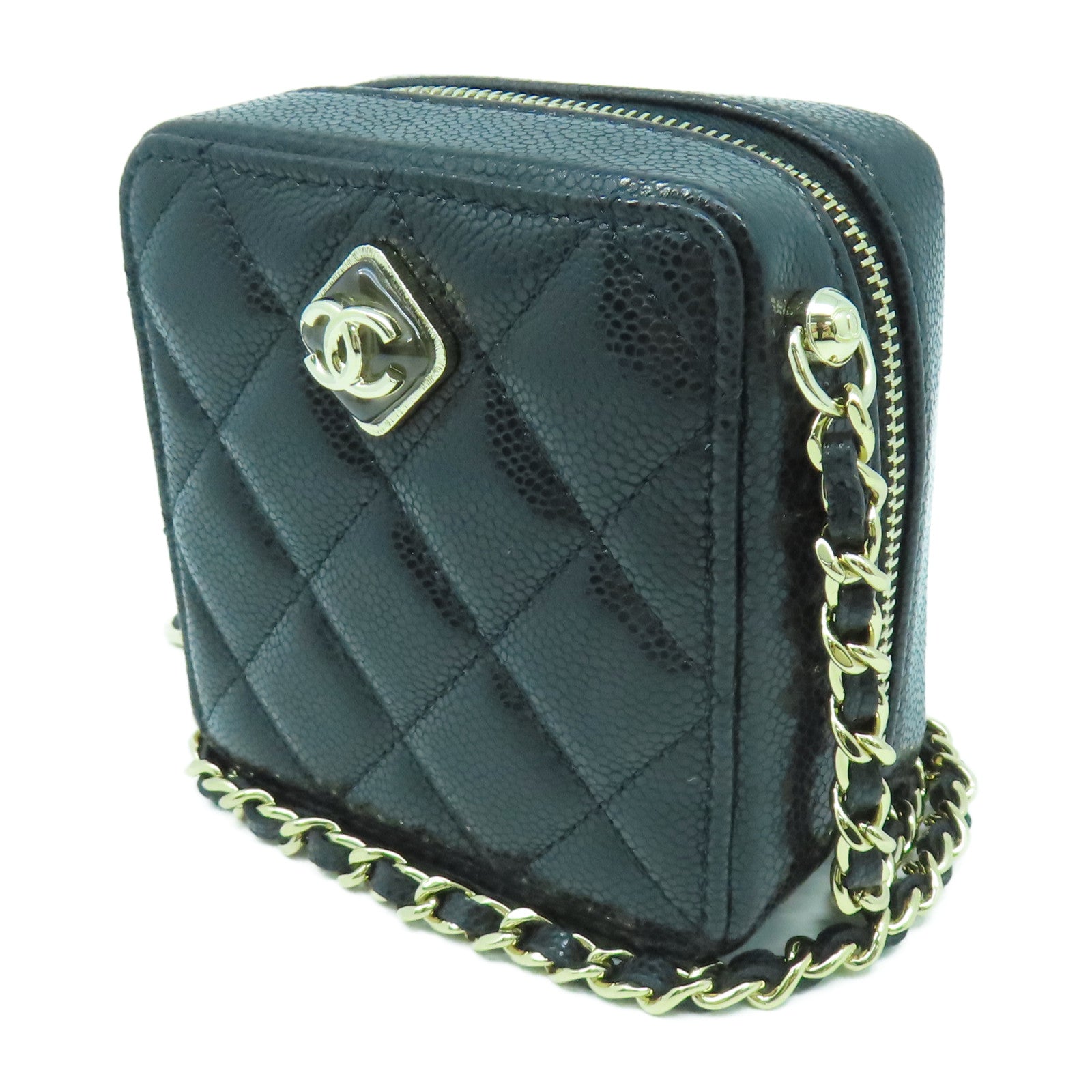 CHANEL 菱格Caviar皮革Mini Chain Shoulder金扣鏈帶肩背袋黑色