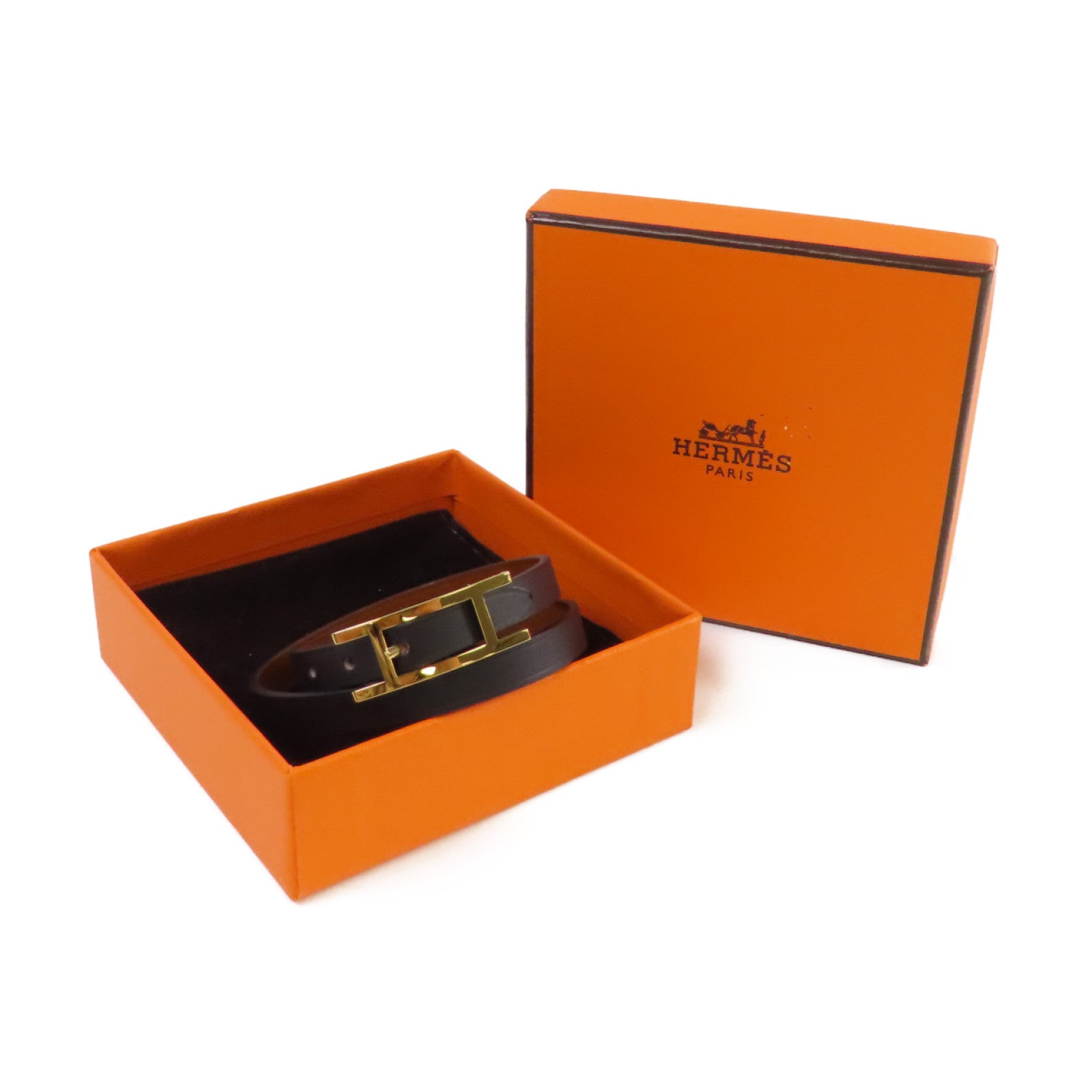 HERMES Swift皮革Behapi Double Tour Bracelet金扣手鏈黑色