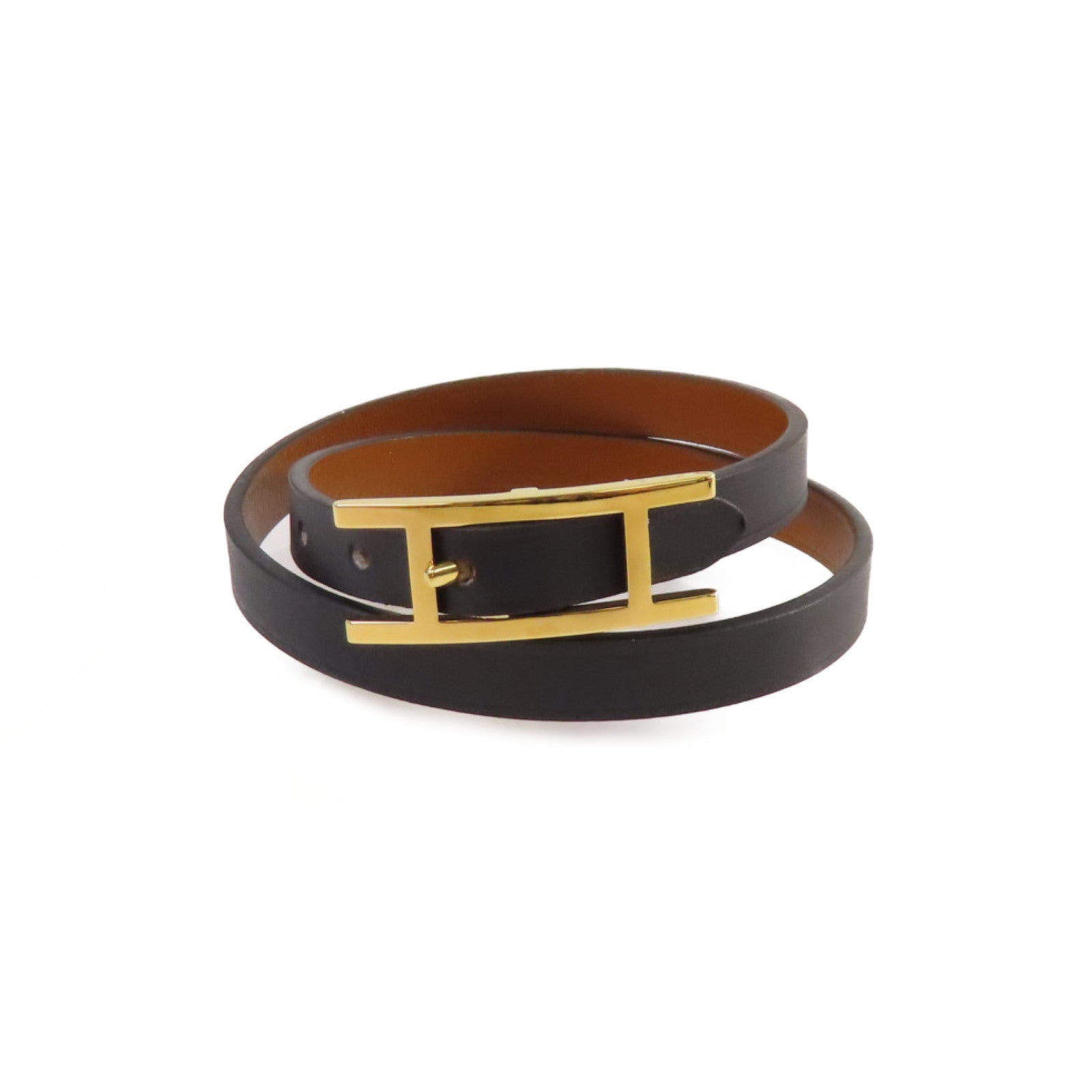 HERMES Swift皮革Behapi Double Tour Bracelet金扣手鏈黑色