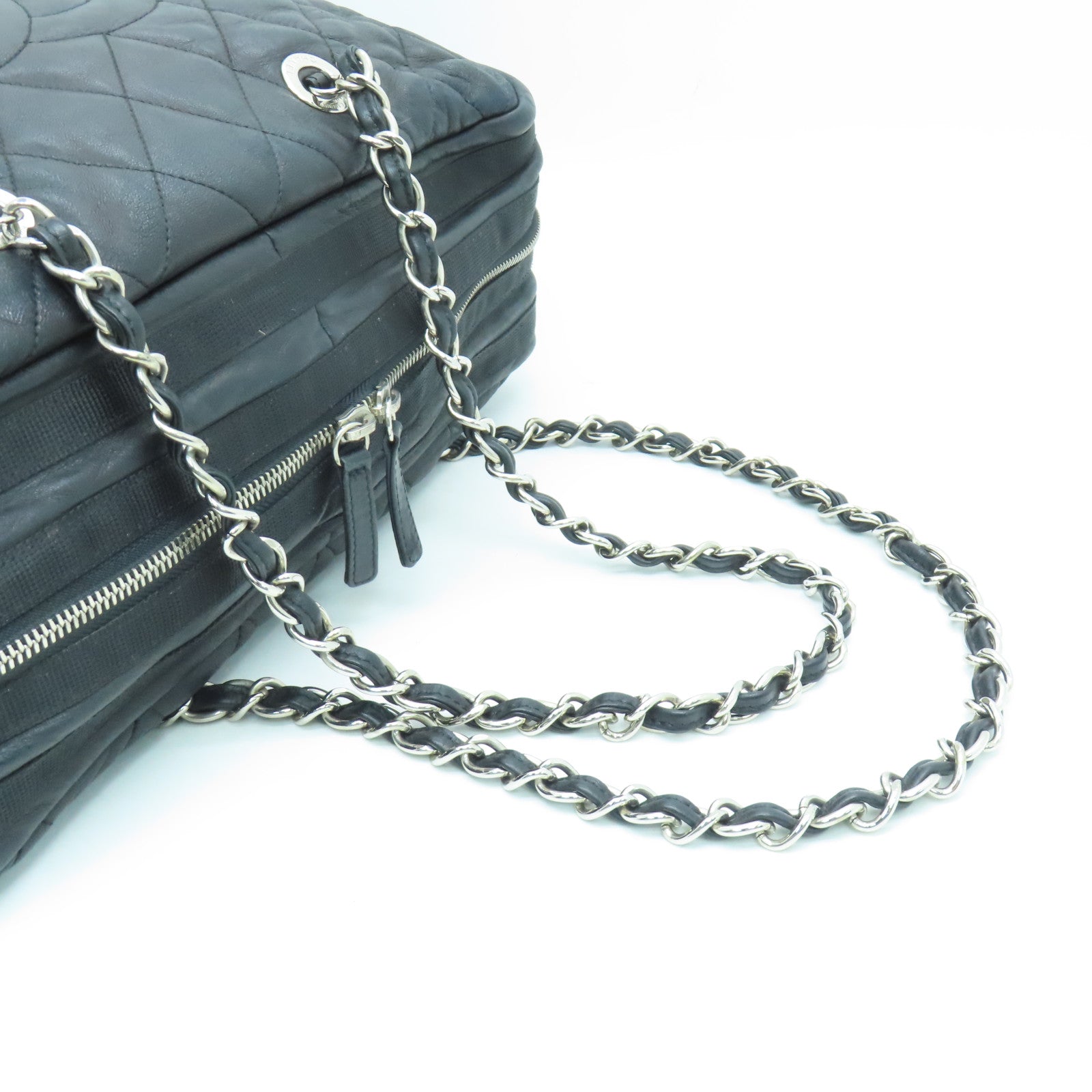 CHANEL 菱格牛皮皮革Chain Shoulder Bag銀扣鏈帶肩背袋黑色
