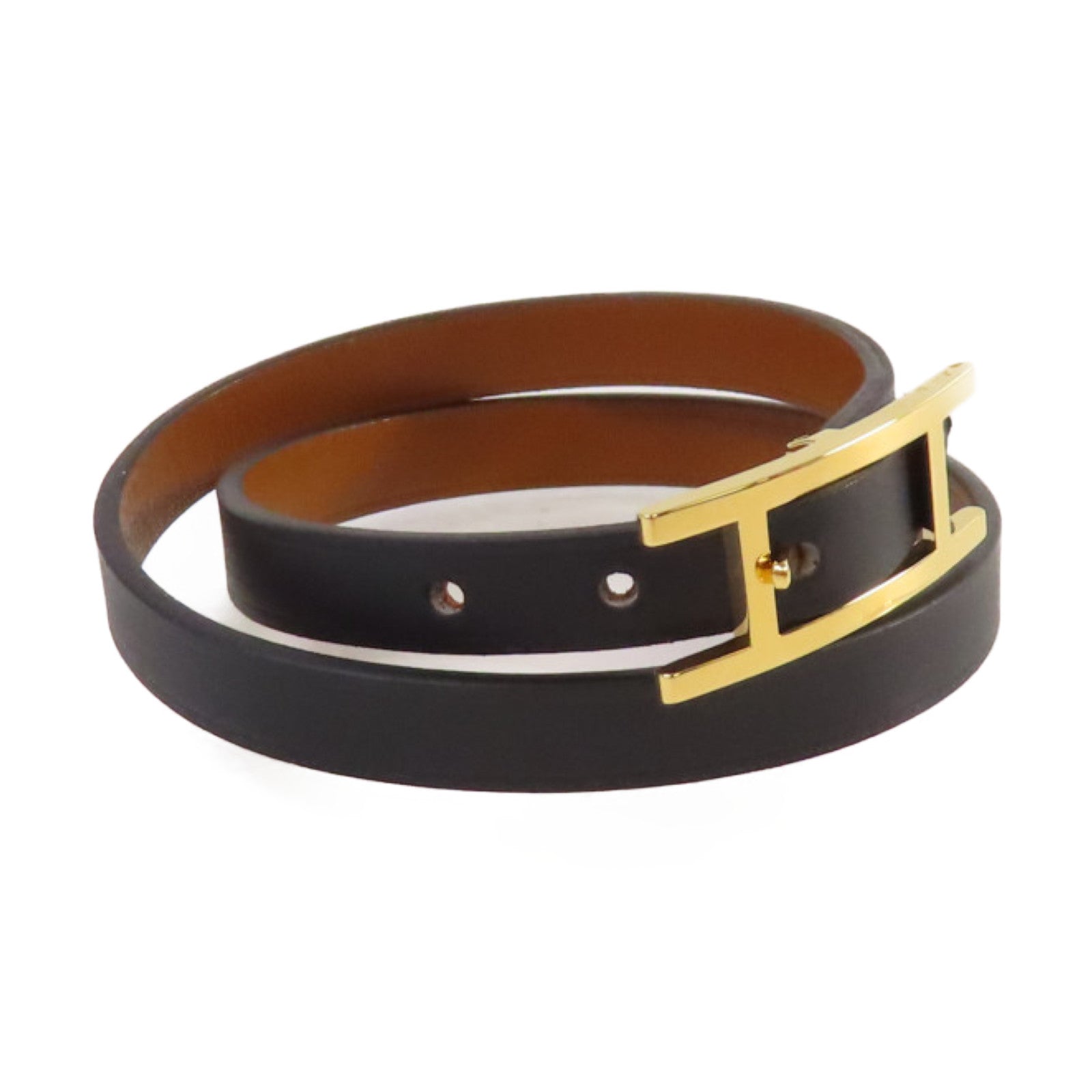 HERMES Swift皮革Behapi Double Tour Bracelet金扣手鏈黑色