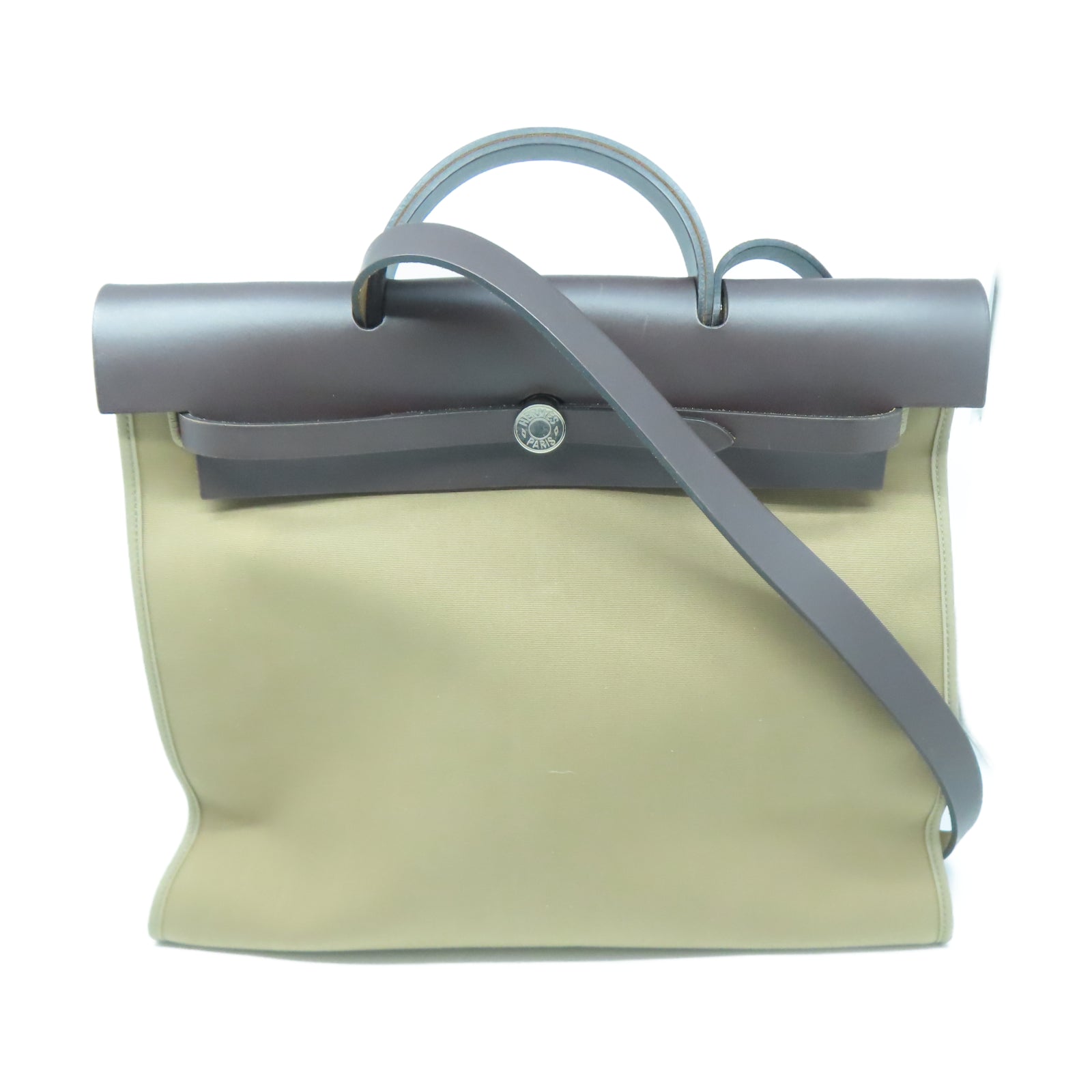 HERMES 帆布/皮革Herbag GM銀扣手挽肩背兩用袋灰色