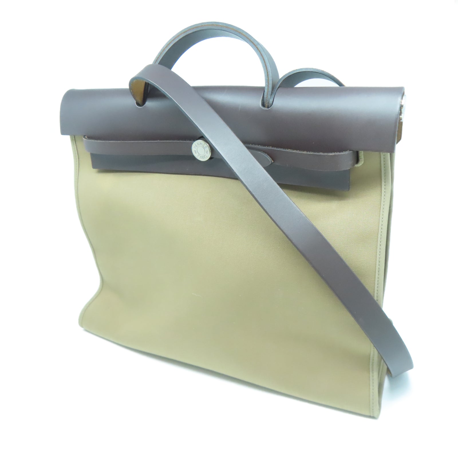 HERMES 帆布/皮革Herbag GM銀扣手挽肩背兩用袋灰色