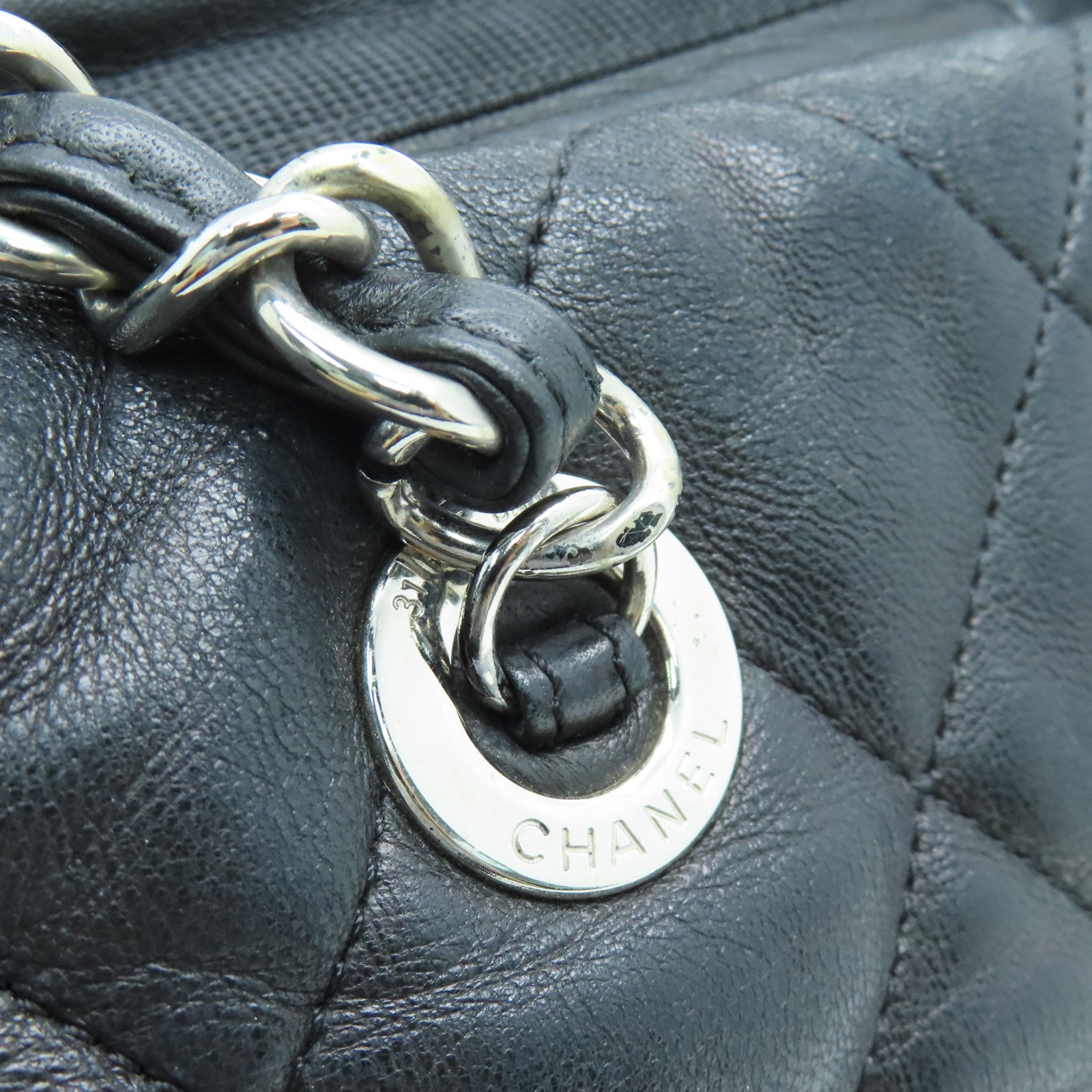 CHANEL 菱格牛皮皮革Chain Shoulder Bag銀扣鏈帶肩背袋黑色
