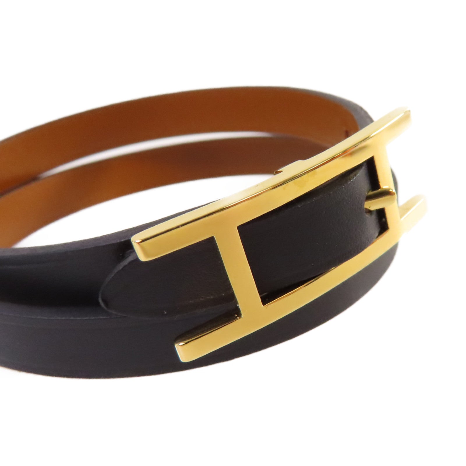 HERMES Swift皮革Behapi Double Tour Bracelet金扣手鏈黑色