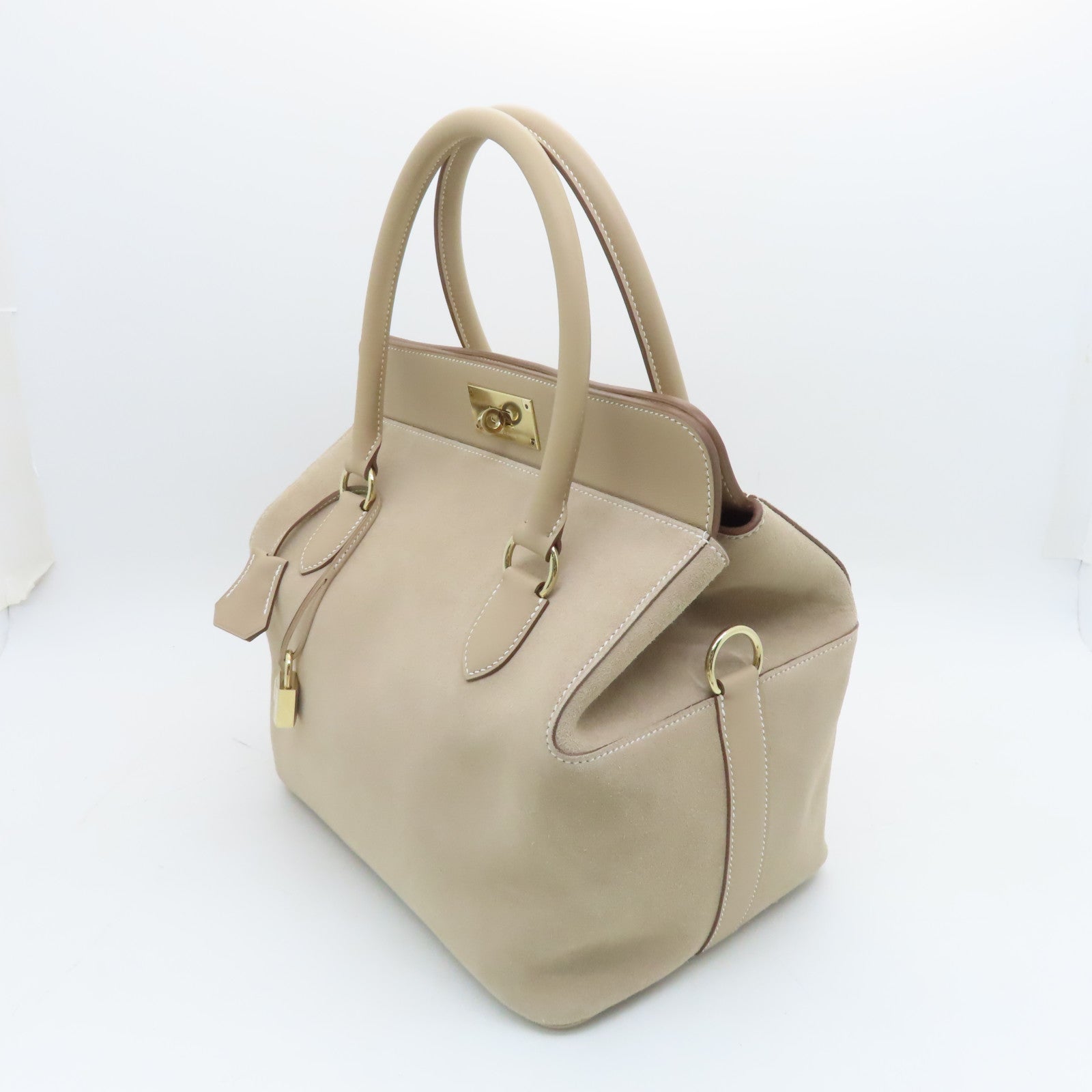 HERMES Swift Leather Toolbox 26 Gold Buckle Handle Shoulder Bag Beige