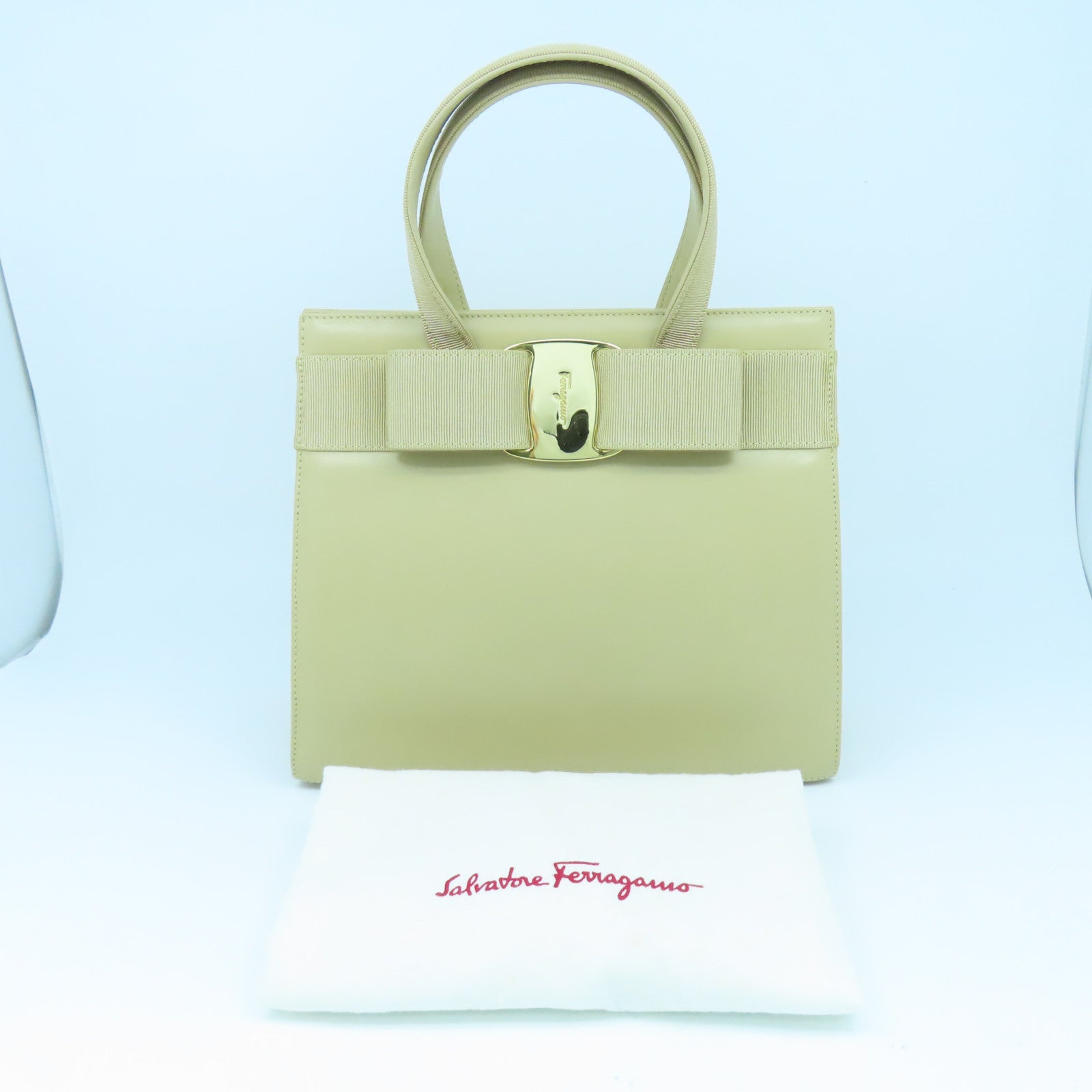 Salvatore Ferragamo 牛皮皮革/帆布Hand Bag金扣手挽袋卡其色