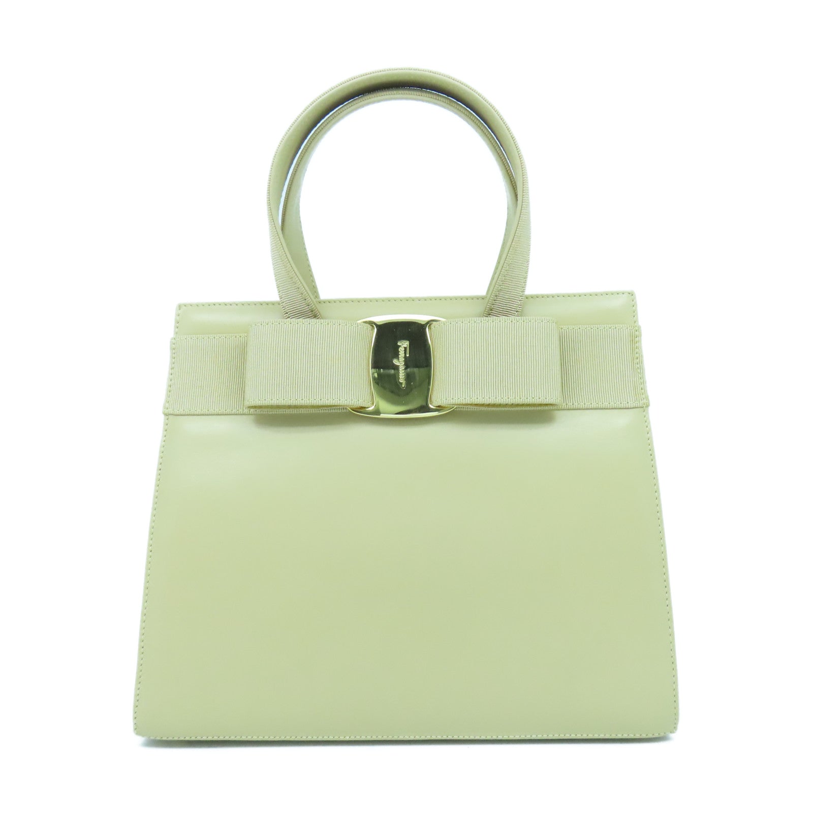Salvatore Ferragamo 牛皮皮革/帆布Hand Bag金扣手挽袋卡其色