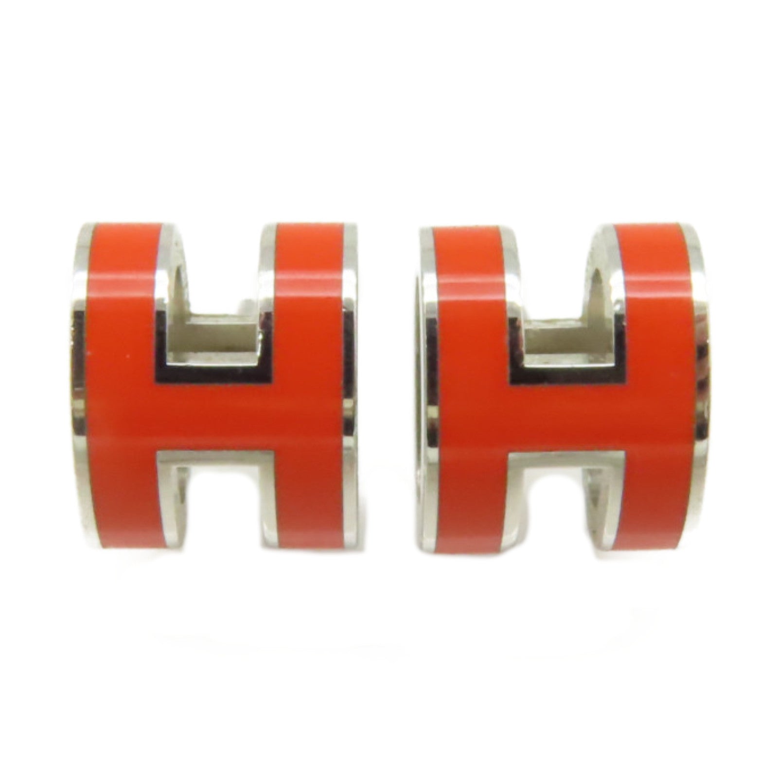 HERMES 金屬/瓷漆Pop H Earrings耳環銀色/橙色