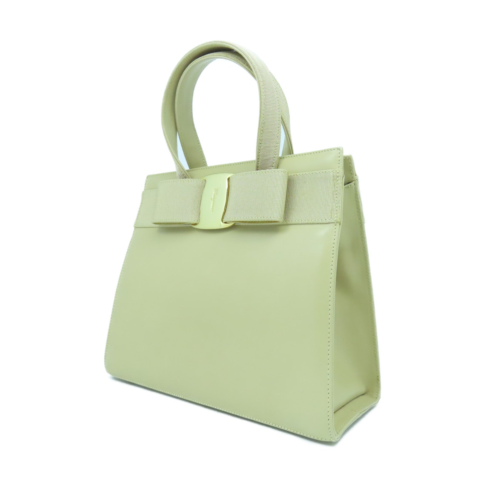 Salvatore Ferragamo 牛皮皮革/帆布Hand Bag金扣手挽袋卡其色