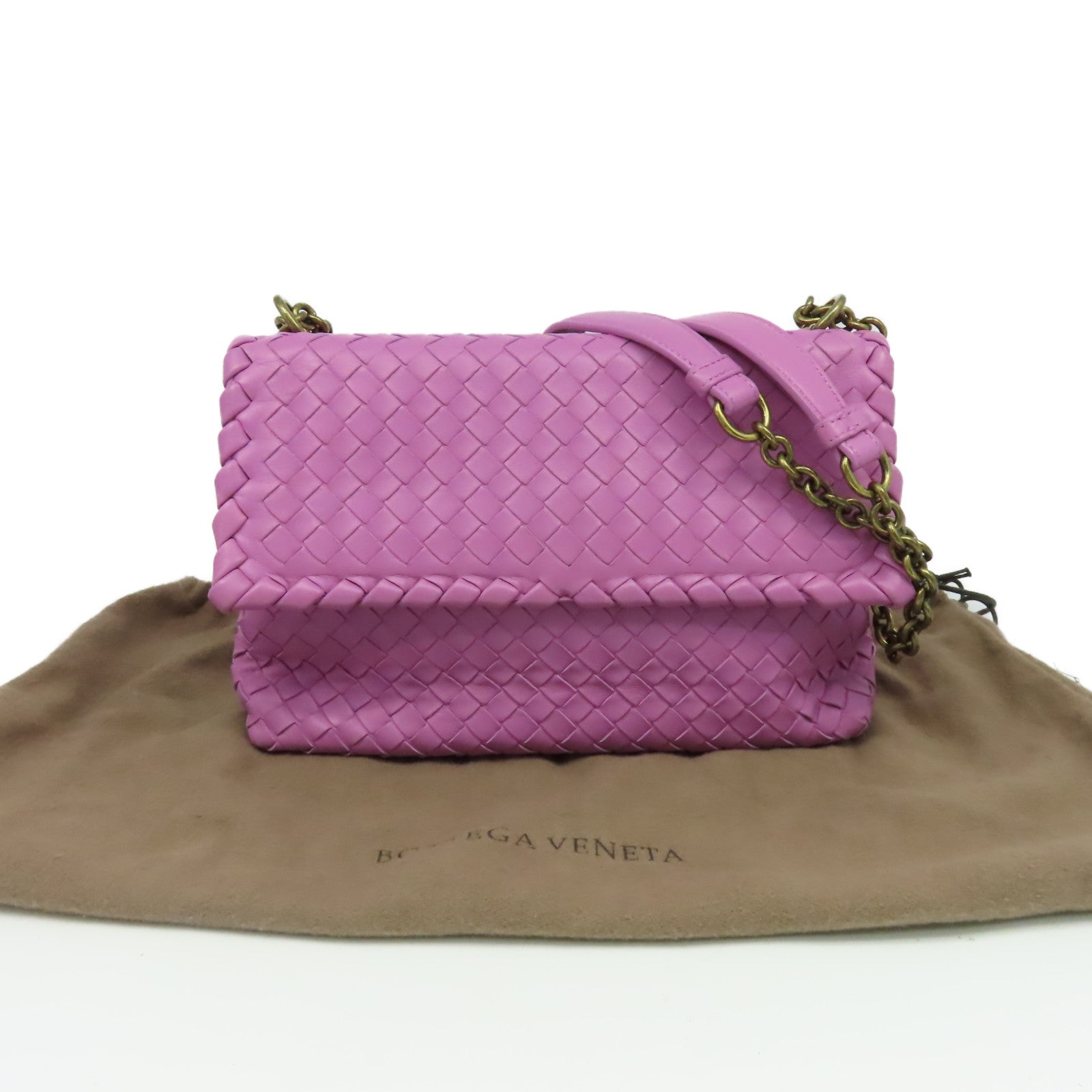 BOTTEGA VENETA 織紋皮革Baby Olimpia Shoulder Bag鏈帶肩背袋紫粉色