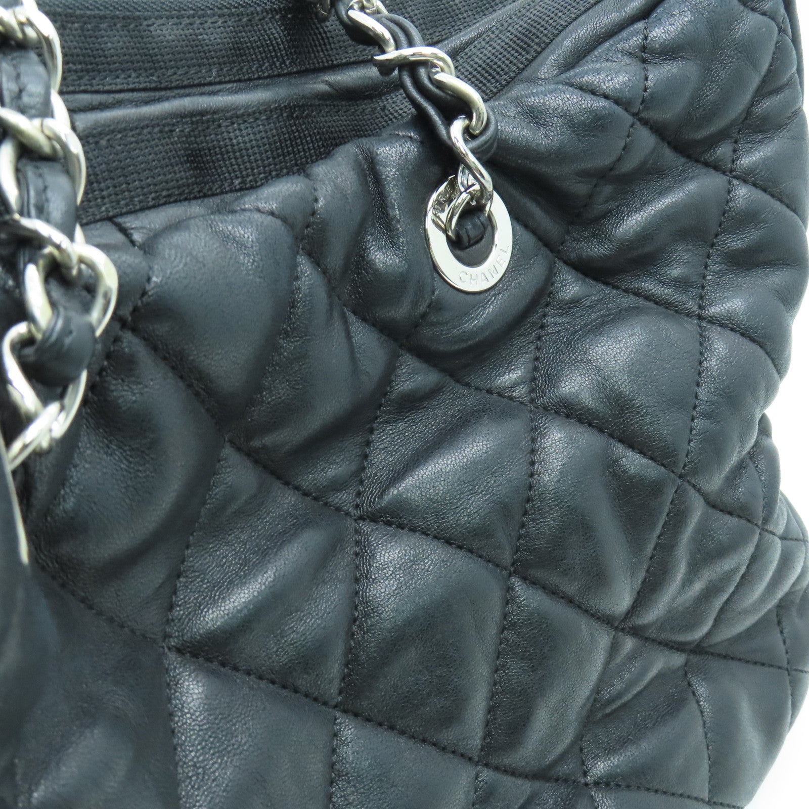CHANEL 菱格牛皮皮革Chain Shoulder Bag銀扣鏈帶肩背袋黑色