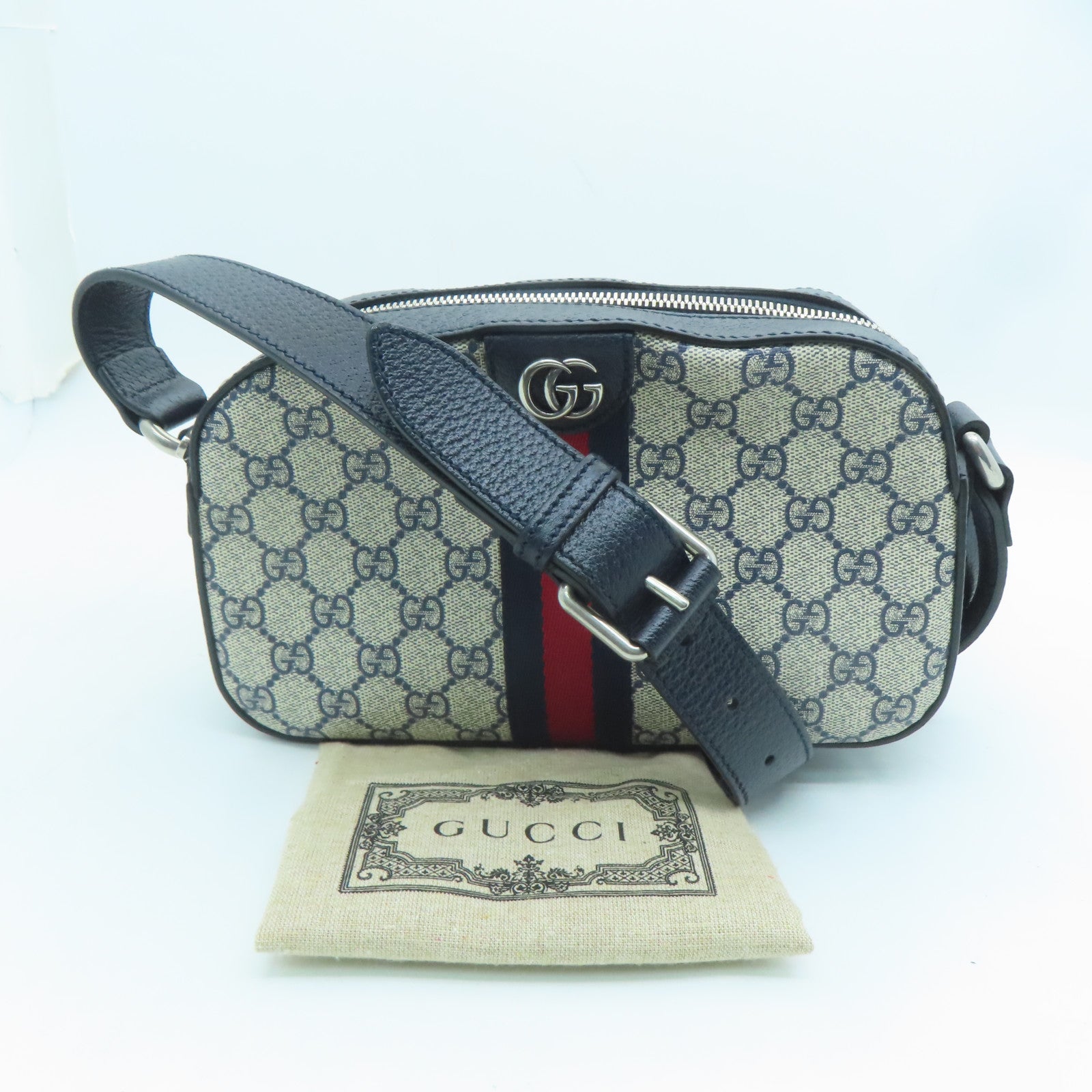 GUCCI Coated Canvas Ophidia GG Shoulder Bag Silver Buckle Shoulder Bag Dark Blue/Gray