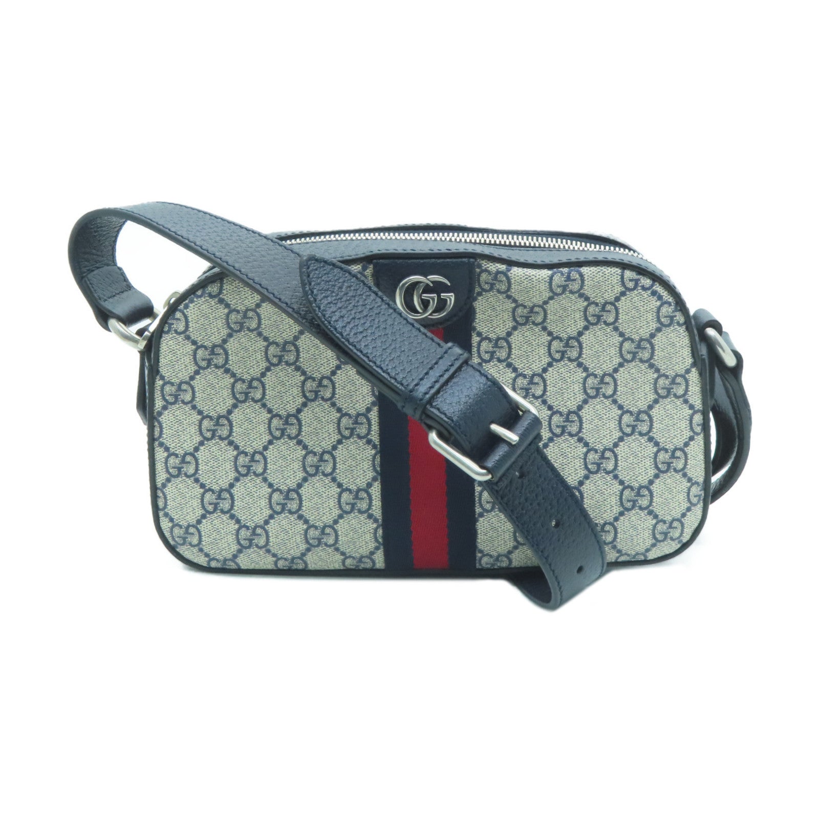 GUCCI Coated Canvas Ophidia GG Shoulder Bag Silver Buckle Shoulder Bag Dark Blue/Gray