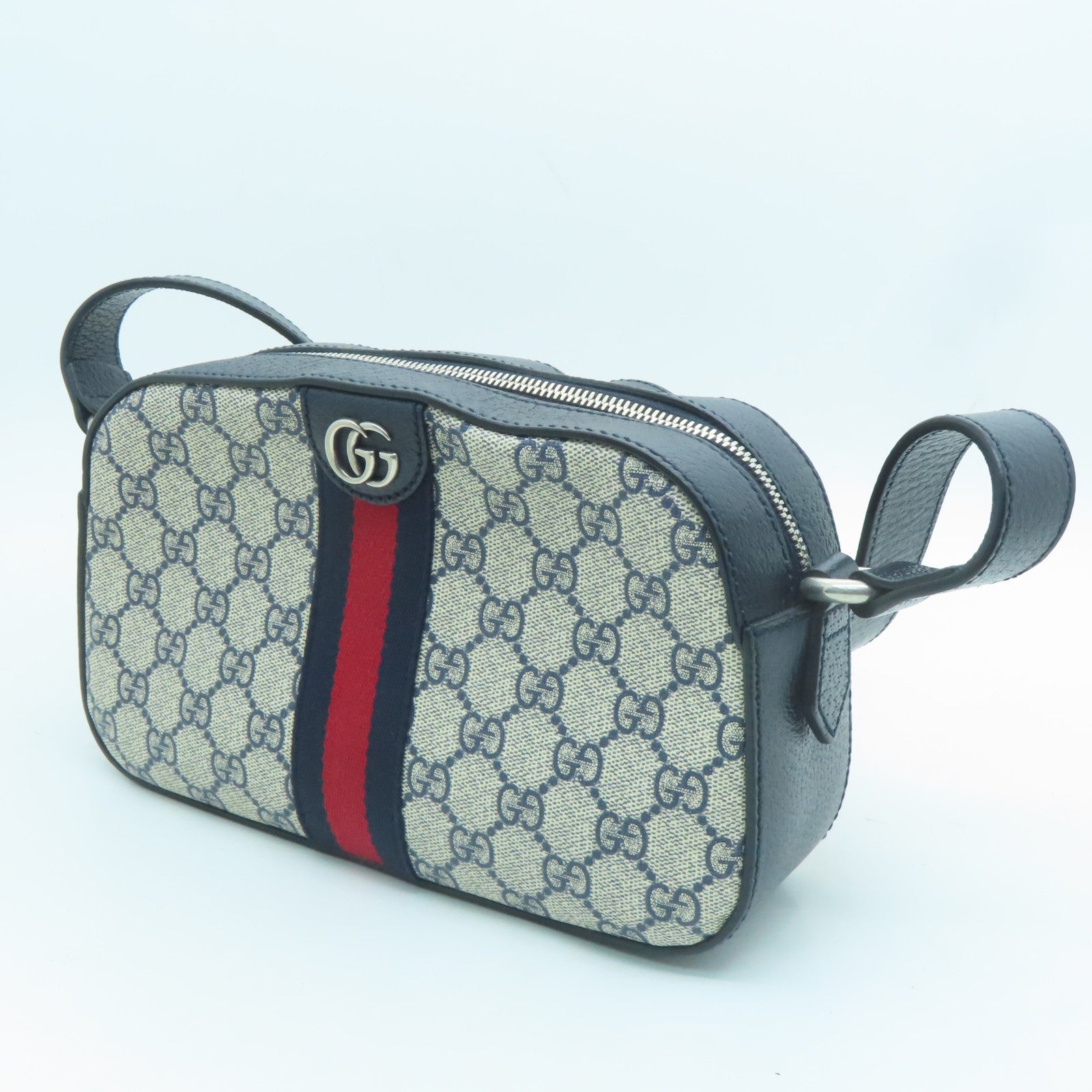 GUCCI Coated Canvas Ophidia GG Shoulder Bag Silver Buckle Shoulder Bag Dark Blue/Gray