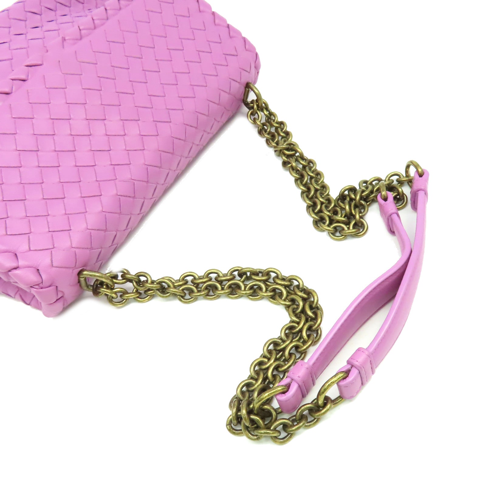 BOTTEGA VENETA 織紋皮革Baby Olimpia Shoulder Bag鏈帶肩背袋紫粉色