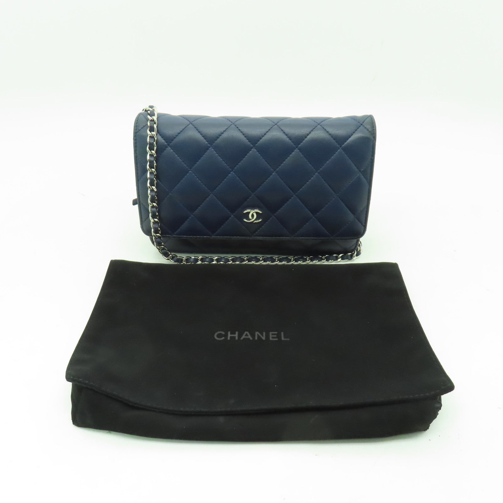 CHANEL 菱格羊皮皮革WOC銀扣肩背袋藍色