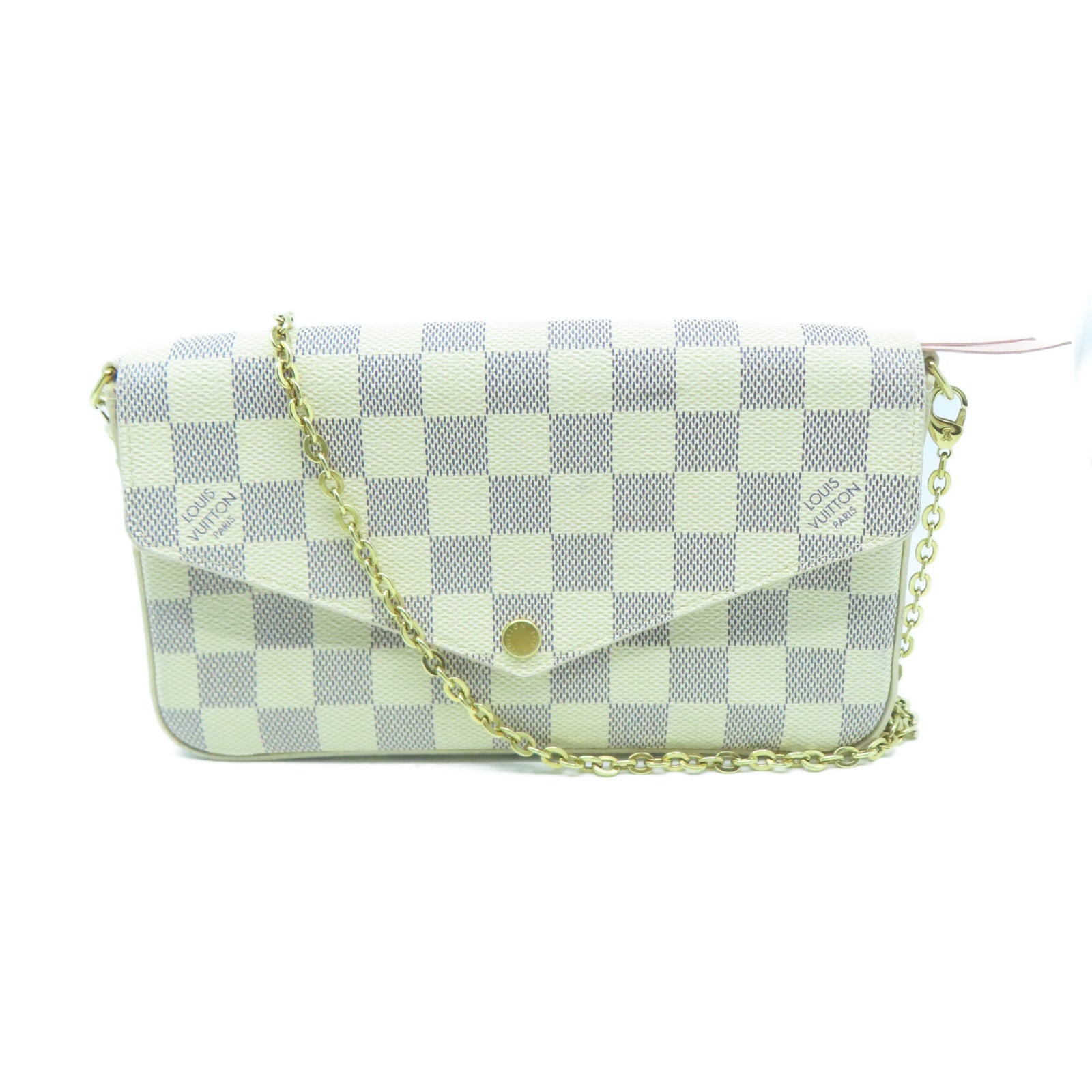 LOUIS VUITTON Damier Azur Felicie Pochette金扣鏈帶肩背袋白色