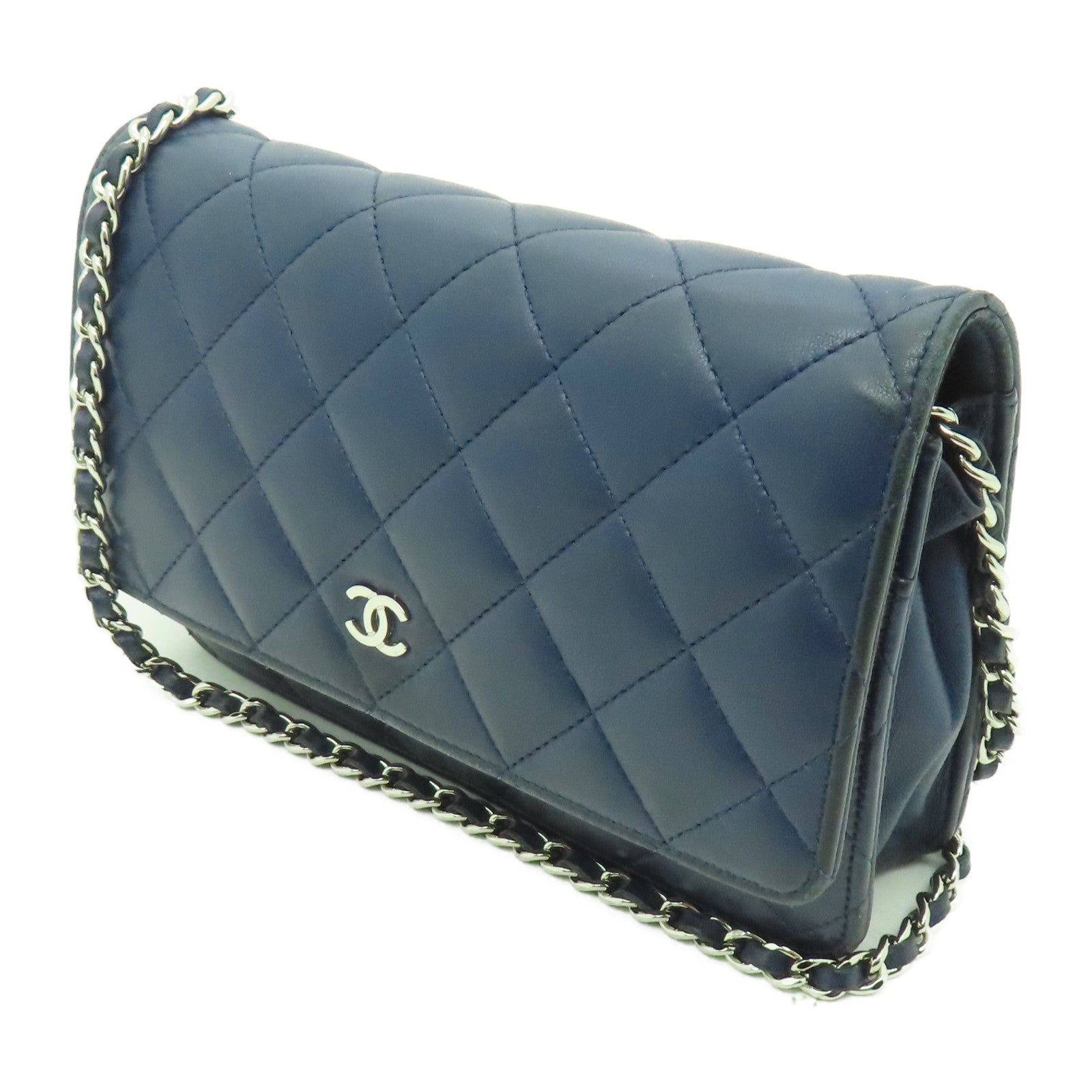 CHANEL 菱格羊皮皮革WOC銀扣肩背袋藍色