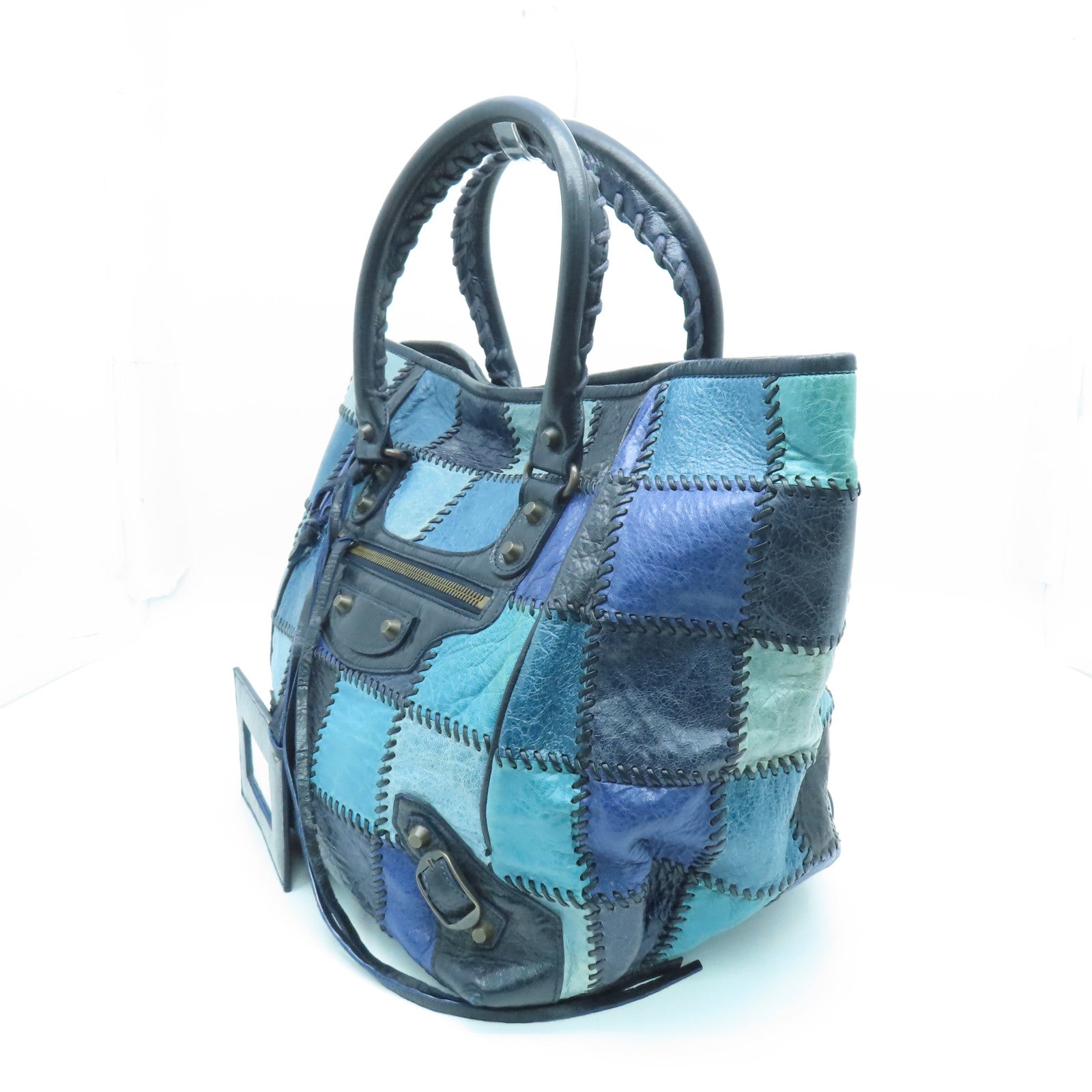 BALENCIAGA Cowhide Leather Tote Bag Gold Buckle Handle Bag Blue
