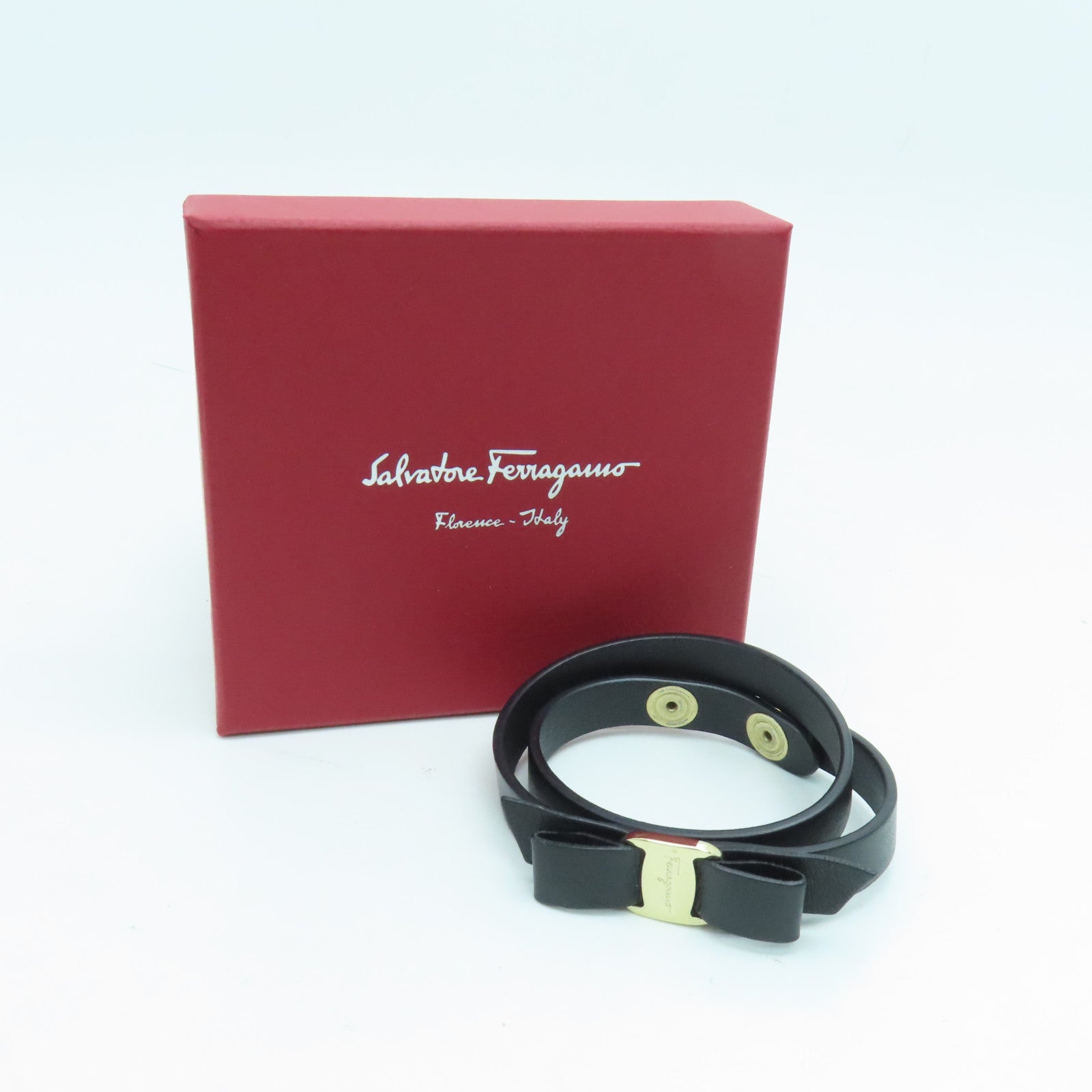 Salvatore Ferragamo Calf Leather Bracelet Gold Buckle Hand Strap Black